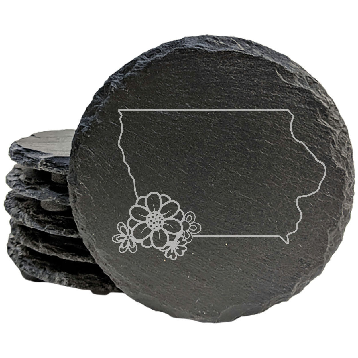 Rustic Slate Coasters Set of 4 - Iowa State Outline Design with Flower, 4" Round/Square, Natural Chipped Edge, Rubber Feet, - Perfect for Holidays, Birthdays, Housewarming!