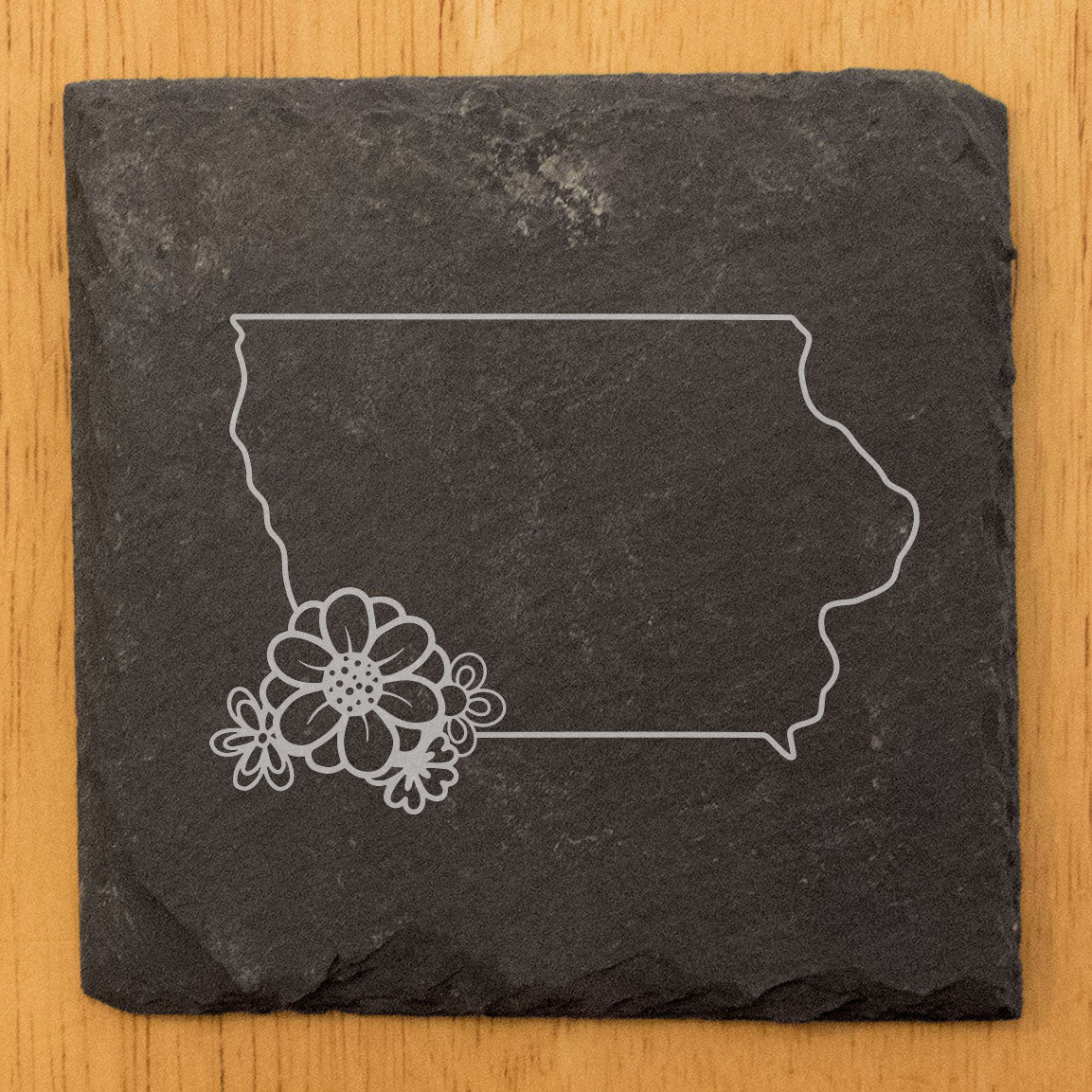 Rustic Slate Coasters Set of 4 - Iowa State Outline Design with Flower, 4" Round/Square, Natural Chipped Edge, Rubber Feet, - Perfect for Holidays, Birthdays, Housewarming!