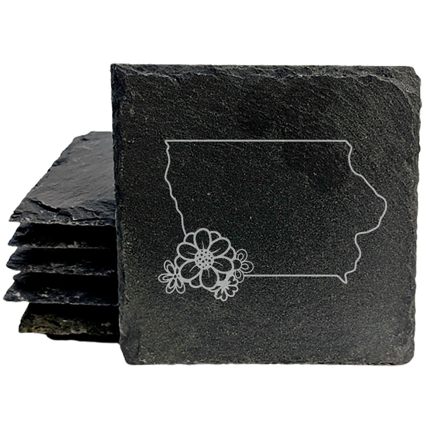 Rustic Slate Coasters Set of 4 - Iowa State Outline Design with Flower, 4" Round/Square, Natural Chipped Edge, Rubber Feet, - Perfect for Holidays, Birthdays, Housewarming!