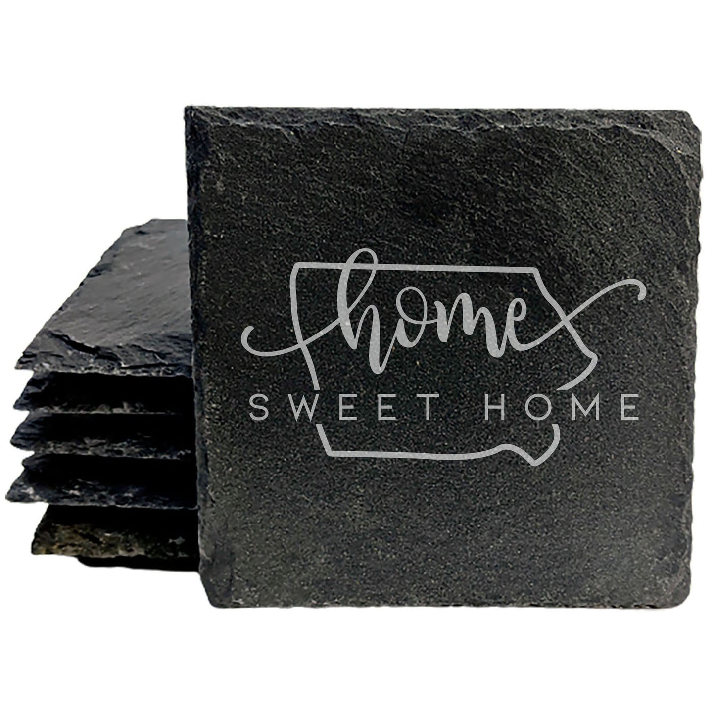 Rustic Slate Coasters Set of 4 - 4" Round with 'Home Sweet Home' Iowa Design, Natural Chipped Edge, Rubber Feet, - Perfect for Holidays, Birthdays, Housewarming - Made in USA