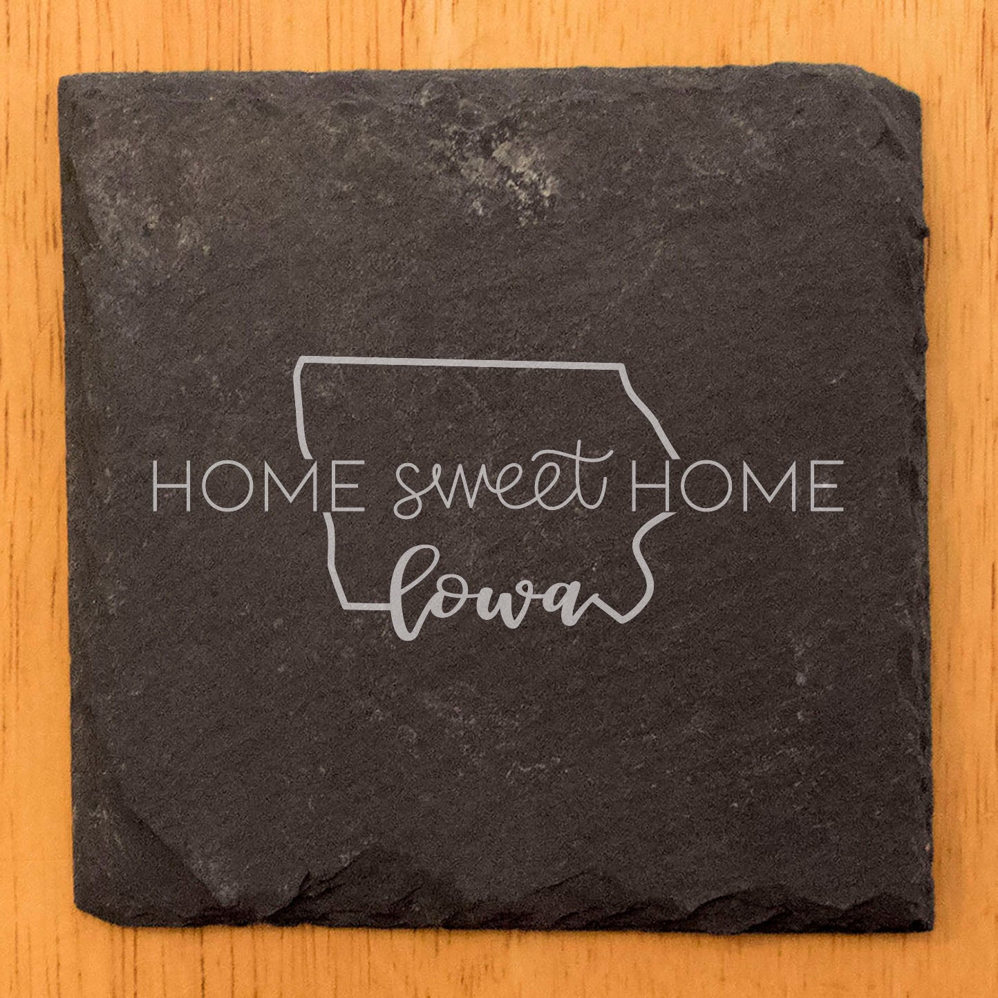 Rustic Slate Coasters Set of 4, Round 4" with 'Home Sweet Home' Iowa Design, Perfect Gift for Holidays, Birthdays, Housewarming, She-Shed, Man Cave, Made in Oregon, USA, Natural Chipped Edge