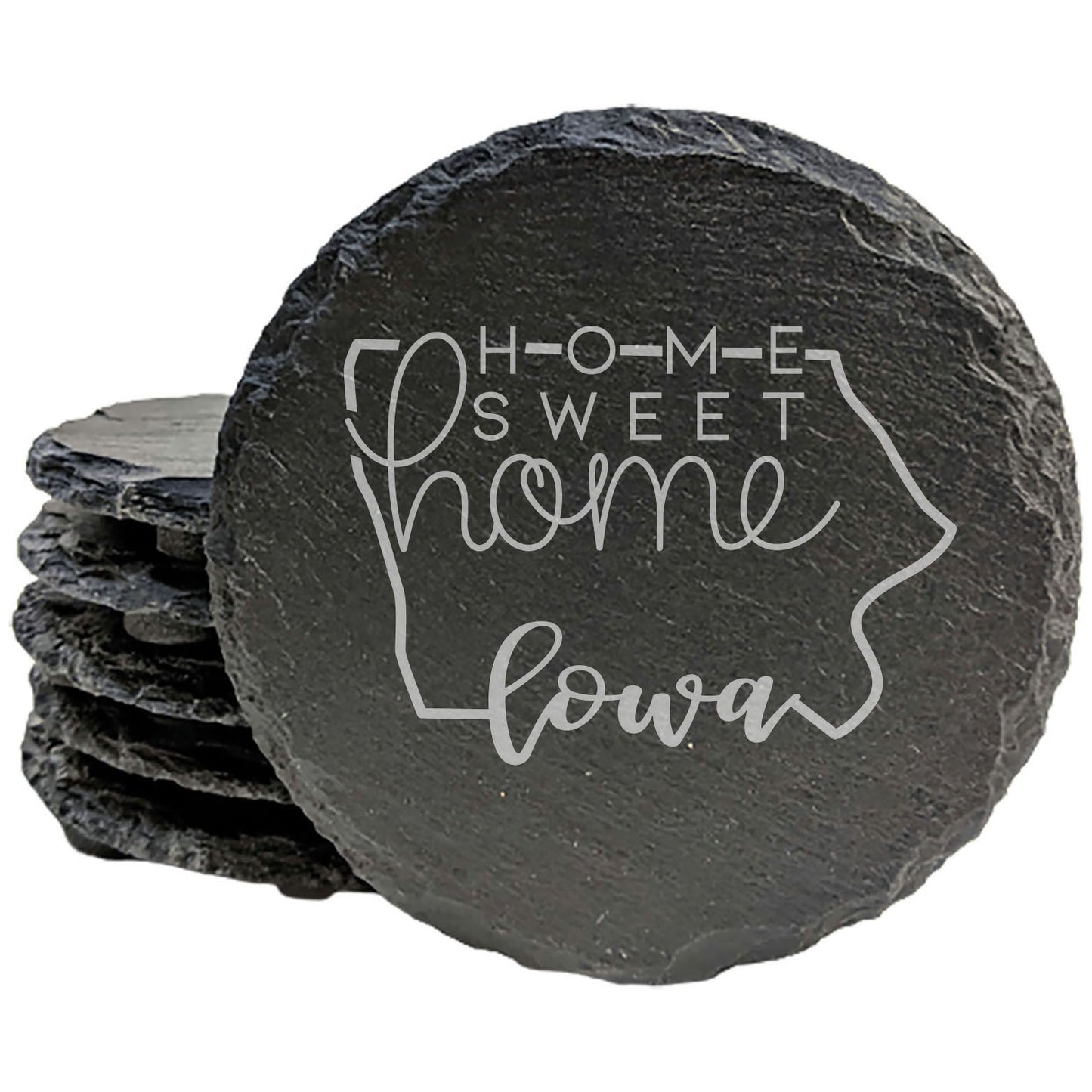 Rustic Slate Coasters Set of 4 - Iowa Design 'Home Sweet Home' - 4" Round, Natural Chipped Edge, Rubber Feet - Perfect Gift for Holidays, Birthdays, Housewarming - Made in Oregon, USA