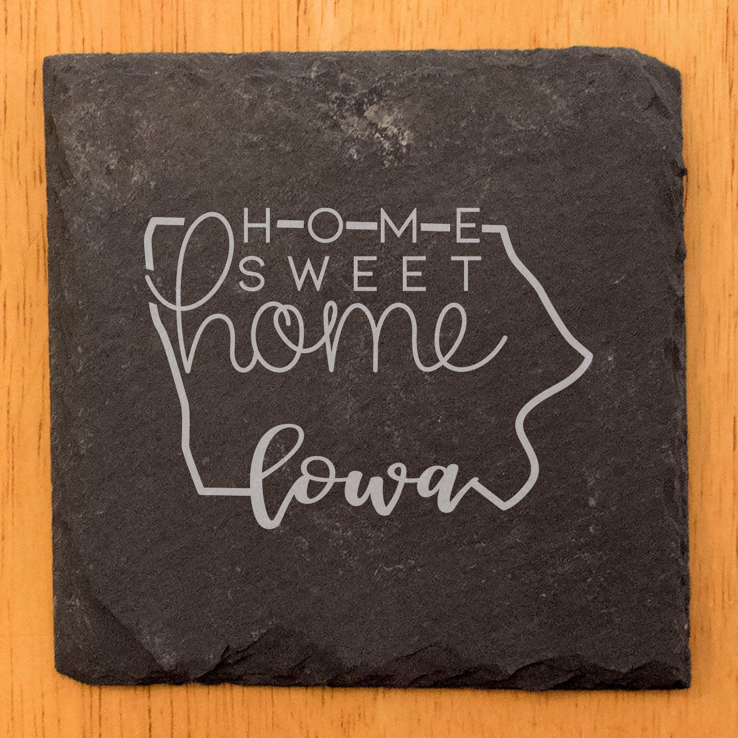 Rustic Slate Coasters Set of 4 - Iowa Design 'Home Sweet Home' - 4" Round, Natural Chipped Edge, Rubber Feet - Perfect Gift for Holidays, Birthdays, Housewarming - Made in Oregon, USA