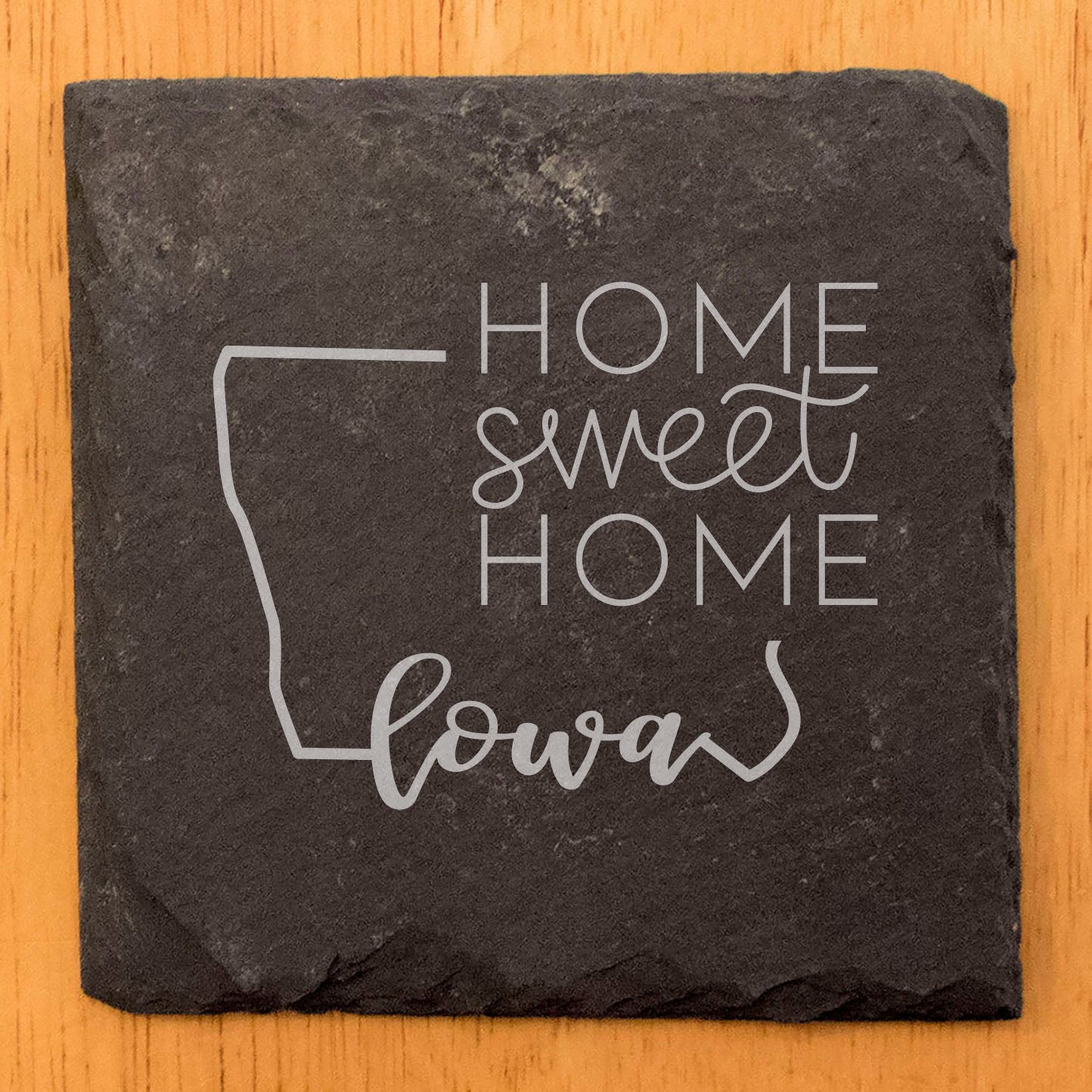 Rustic Slate Coasters Set of 4, Round 4" with Iowa State Design, 'Home Sweet Home' Laser Etched, Perfect for Holidays, Birthdays, Housewarming, She-Shed, Man Cave, Made in Oregon, USA
