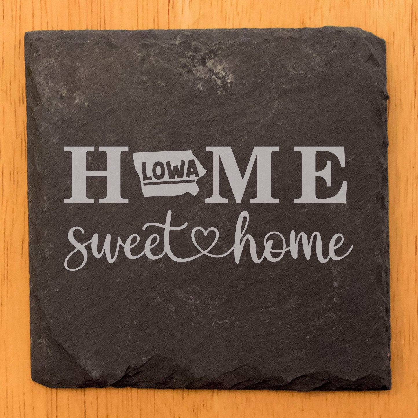 Rustic Slate Coasters Set of 4, Round 4" with 'HOME SWEET HOME' Iowa Design, Perfect Gift for Holidays, Birthdays, Housewarming, She-Shed, Man Cave, Made in Oregon, USA, Natural Chipped Edge