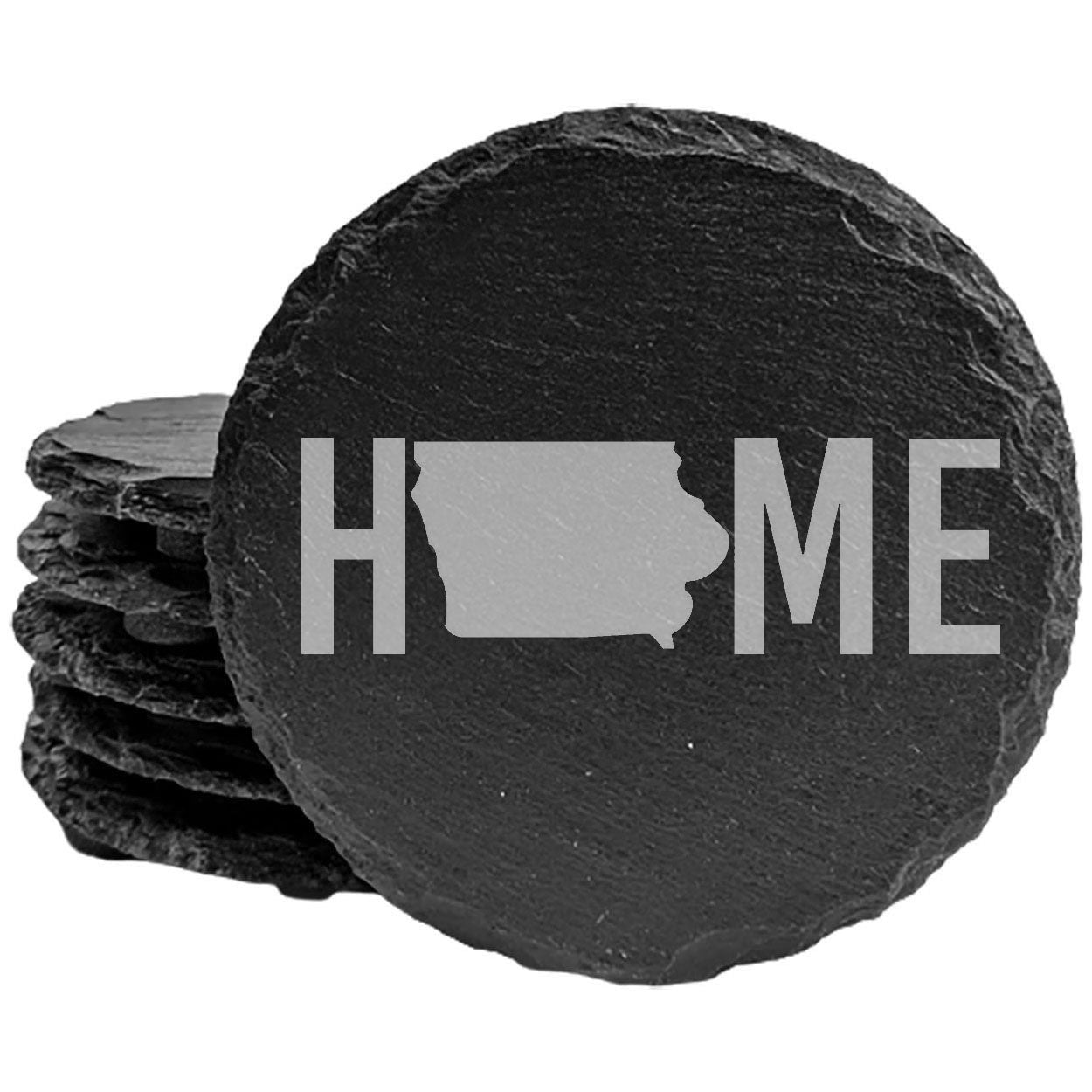 Rustic Slate Coasters Set of 4 - Iowa 'HOME' Design, 4" Round, Natural Chipped Edge, Rubber Feet, - Perfect for Holidays, Birthdays, Housewarming - Made in Oregon, USA