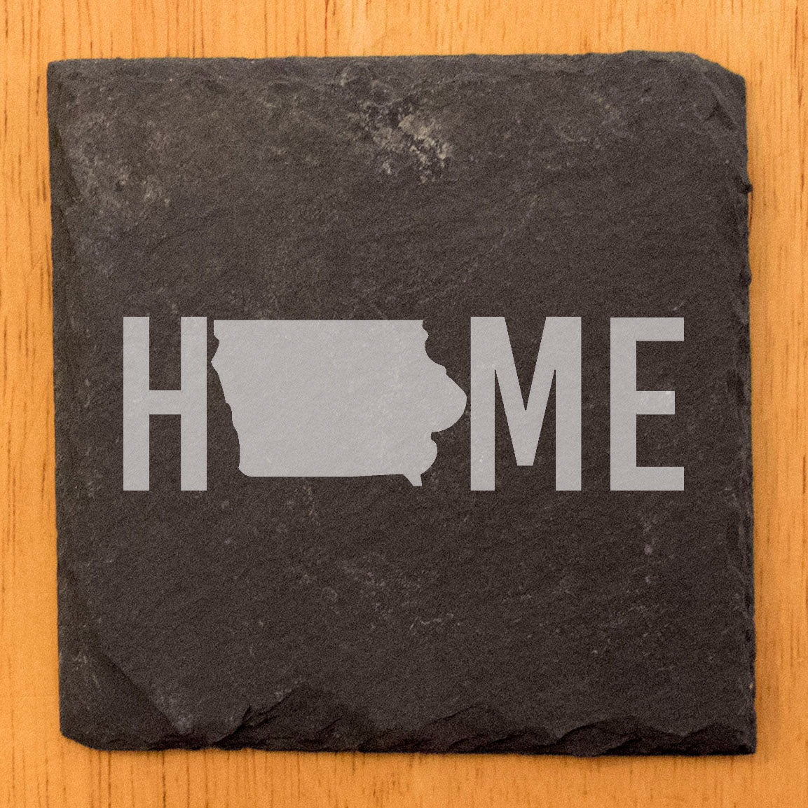 Rustic Slate Coasters Set of 4 - Iowa 'HOME' Design, 4" Round, Natural Chipped Edge, Rubber Feet, - Perfect for Holidays, Birthdays, Housewarming - Made in Oregon, USA