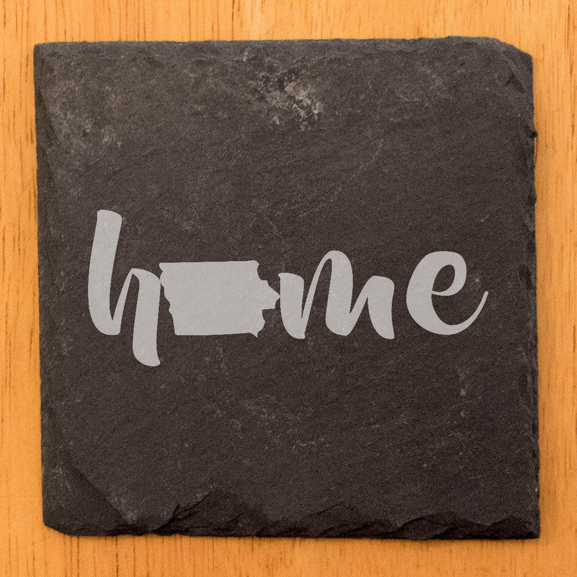 Rustic Slate Coasters Set of 4 - Laser Etched 'Home' Design with Iowa State Shape - Perfect Gift for Holidays, Birthdays, Housewarming - 4" Round/Square - Made in Oregon, USA - Natural Edge