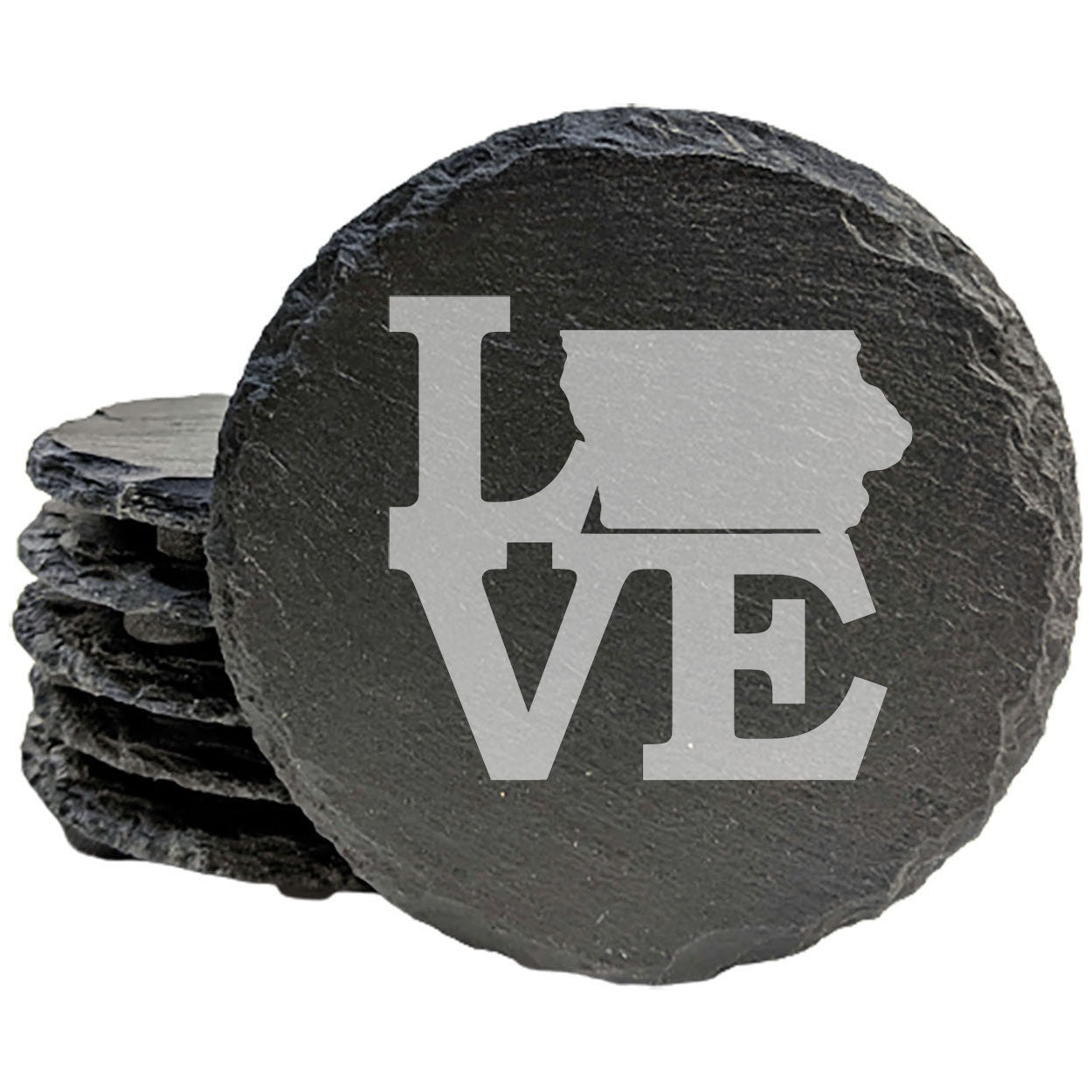 Rustic Slate Coasters Set of 4, Round 4" with 'LOVE' Iowa Design, Perfect for Holidays, Birthdays, Housewarming Gifts, She-Shed or Man Cave, Made in Oregon, USA, Natural Chipped Edge, Rubber Feet