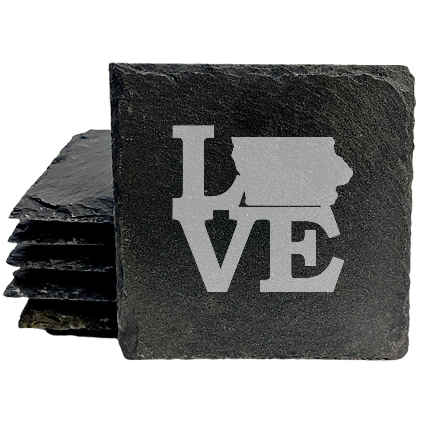 Rustic Slate Coasters Set of 4, Round 4" with 'LOVE' Iowa Design, Perfect for Holidays, Birthdays, Housewarming Gifts, She-Shed or Man Cave, Made in Oregon, USA, Natural Chipped Edge, Rubber Feet