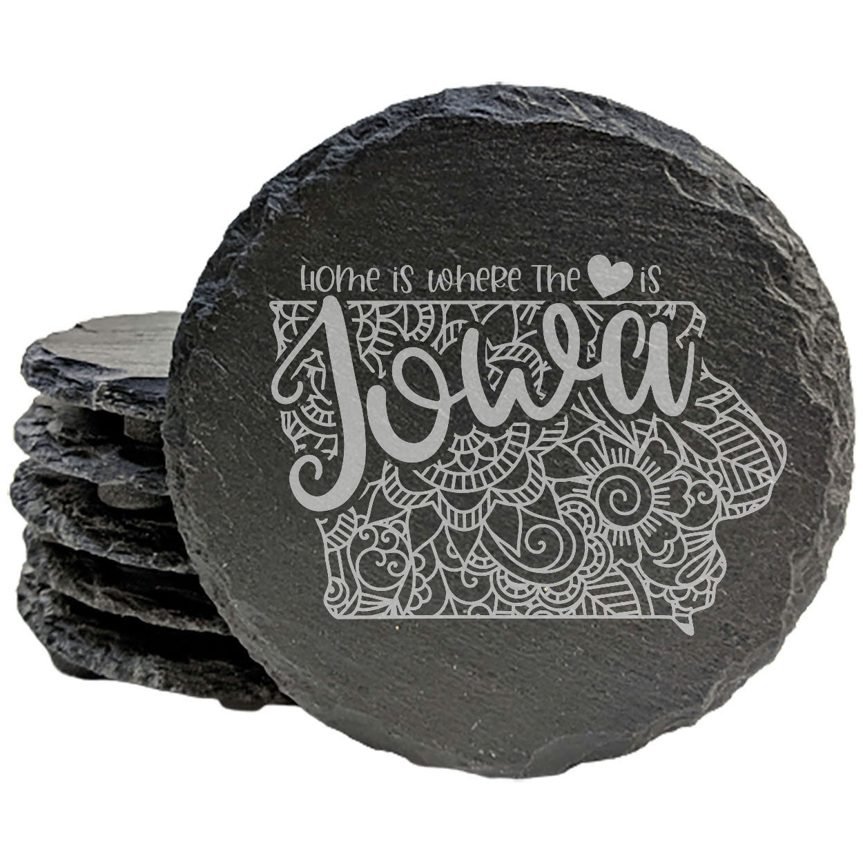 Rustic Slate Coasters Set of 4, Round 4" with Iowa Mandala Design, 'Home is Where the Heart Is' Quote, Perfect Gift for Holidays, Birthdays, Housewarming, Made in Oregon, USA, Natural Chipped Edge