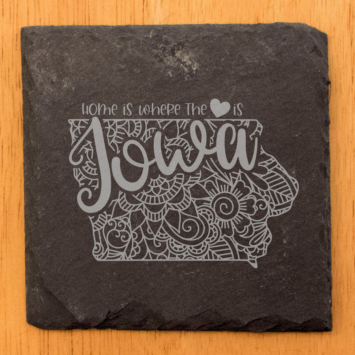 Rustic Slate Coasters Set of 4, Round 4" with Iowa Mandala Design, 'Home is Where the Heart Is' Quote, Perfect Gift for Holidays, Birthdays, Housewarming, Made in Oregon, USA, Natural Chipped Edge
