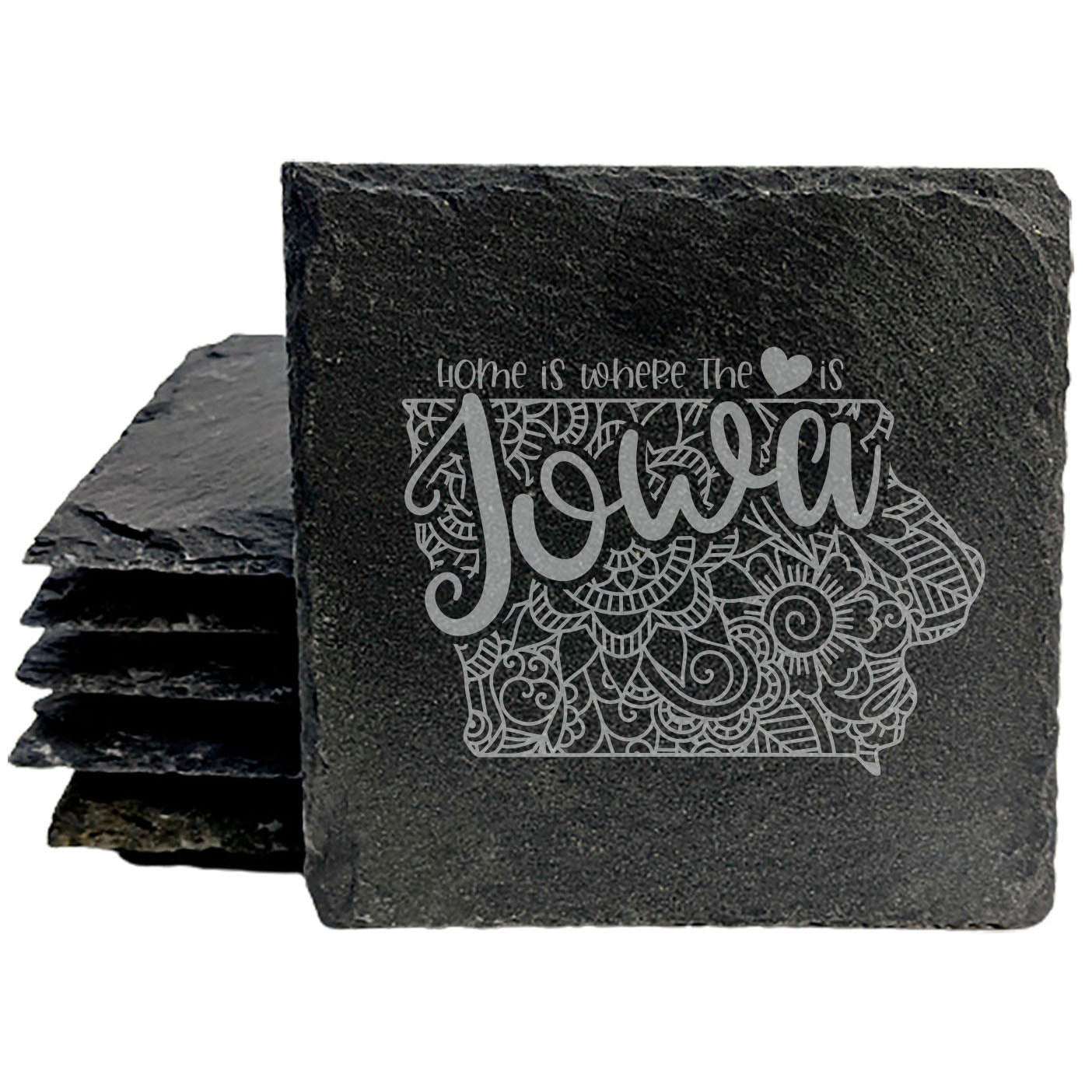 Rustic Slate Coasters Set of 4, Round 4" with Iowa Mandala Design, 'Home is Where the Heart Is' Quote, Perfect Gift for Holidays, Birthdays, Housewarming, Made in Oregon, USA, Natural Chipped Edge