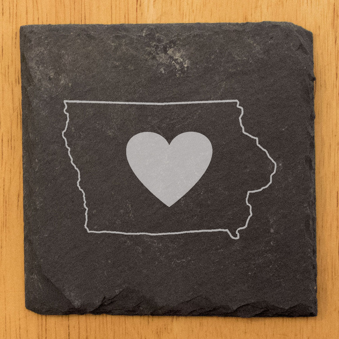 Rustic Slate Coasters Set of 4, Iowa Heart Design, 4" Round, Natural Chipped Edge, Rubber Feet, , Perfect for Holidays, Birthdays, Housewarming, She-Shed, Man Cave, Made in USA