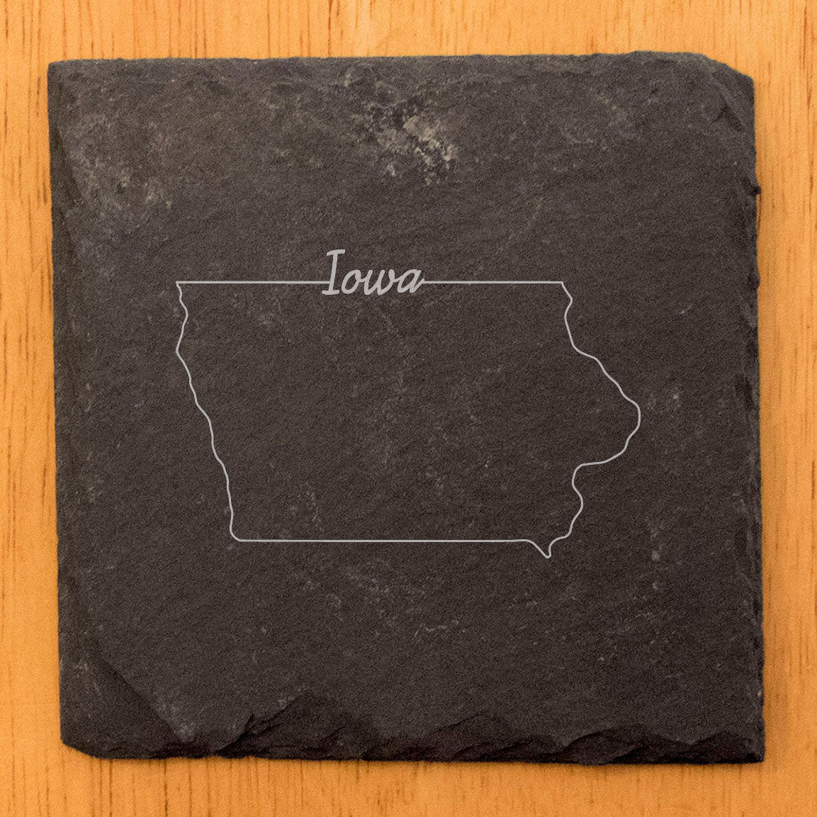 Rustic Slate Coasters Set of 4, Iowa State Design, 4" Round, Laser Etched, Natural Chipped Edge, Rubber Feet, , Perfect for Holidays, Birthdays, Housewarming, Made in Oregon, USA
