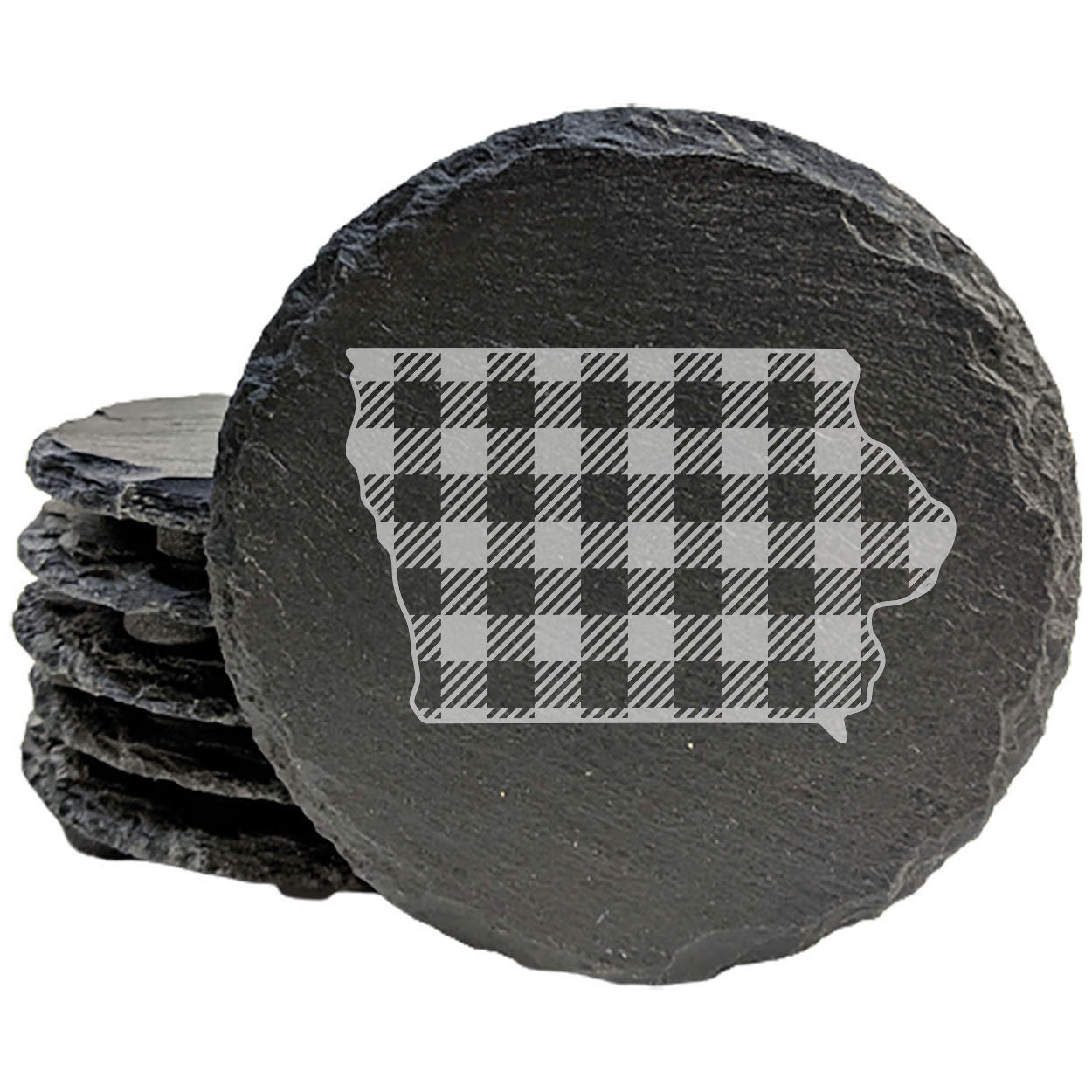Rustic Slate Coasters Set of 4, Iowa Plaid Design, 4" Round, Natural Chipped Edge, Rubber Feet, , Perfect for Holidays, Birthdays, Housewarming, She-Shed, Man Cave, Made in USA