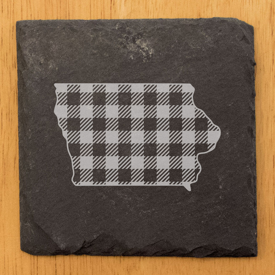 Rustic Slate Coasters Set of 4, Iowa Plaid Design, 4" Round, Natural Chipped Edge, Rubber Feet, , Perfect for Holidays, Birthdays, Housewarming, She-Shed, Man Cave, Made in USA