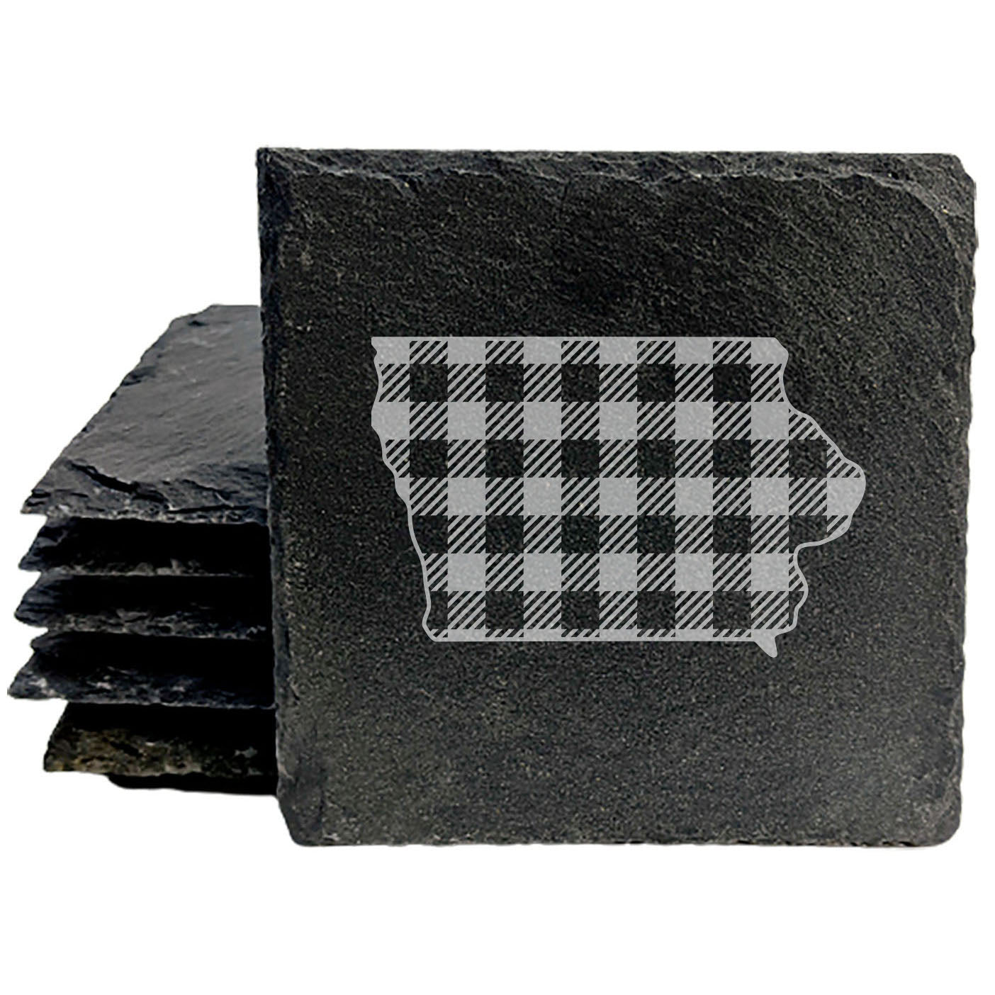 Rustic Slate Coasters Set of 4, Iowa Plaid Design, 4" Round, Natural Chipped Edge, Rubber Feet, , Perfect for Holidays, Birthdays, Housewarming, She-Shed, Man Cave, Made in USA