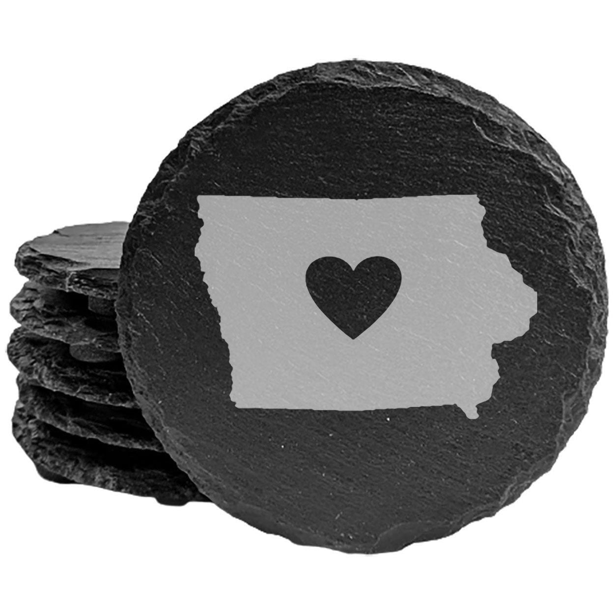 Rustic Slate Coasters Set of 4, Iowa Heart Design, 4" Round, Natural Chipped Edge, Rubber Feet, Perfect for She-Shed or Man Cave, , Handmade in Oregon, USA, Unique Gift Idea