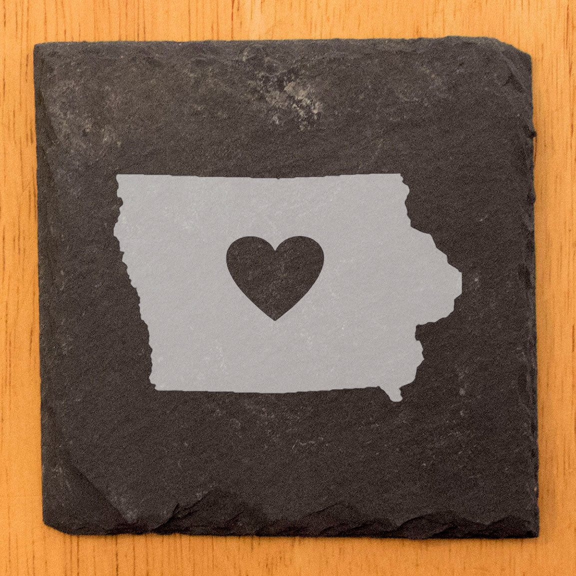 Rustic Slate Coasters Set of 4, Iowa Heart Design, 4" Round, Natural Chipped Edge, Rubber Feet, Perfect for She-Shed or Man Cave, , Handmade in Oregon, USA, Unique Gift Idea