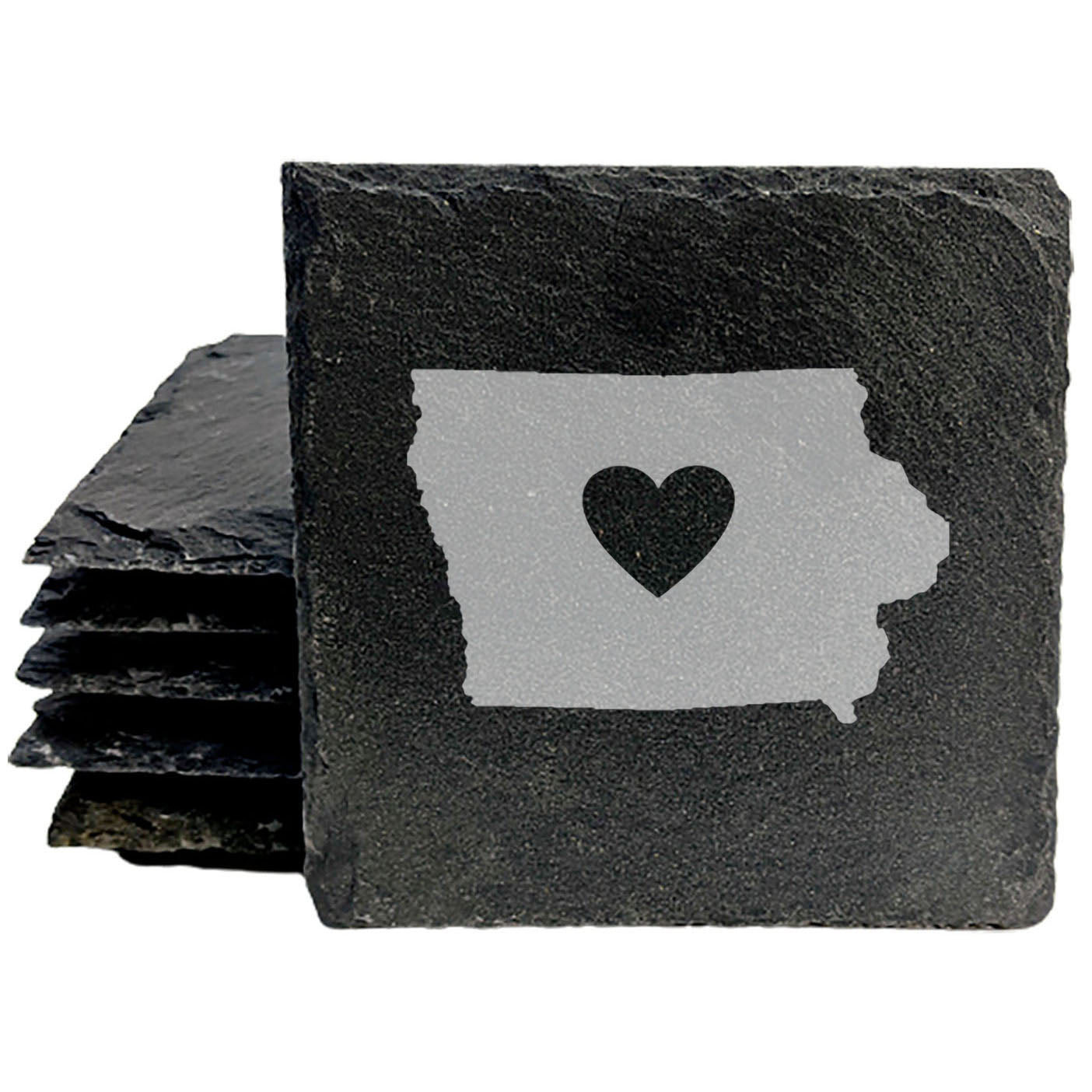 Rustic Slate Coasters Set of 4, Iowa Heart Design, 4" Round, Natural Chipped Edge, Rubber Feet, Perfect for She-Shed or Man Cave, , Handmade in Oregon, USA, Unique Gift Idea