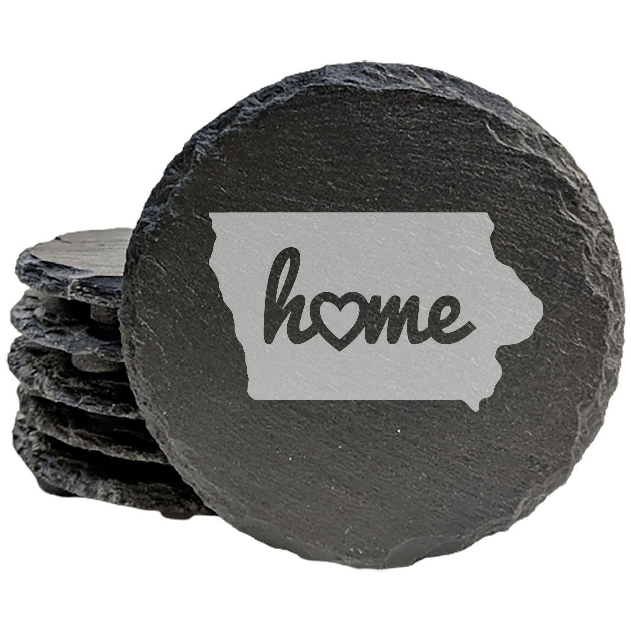 Rustic Slate Coasters Set of 4, Iowa 'Home' Design, 4" Round, Laser Etched, Natural Chipped Edge, Rubber Feet, , Perfect for Holidays, Birthdays, Housewarming, Made in Oregon, USA