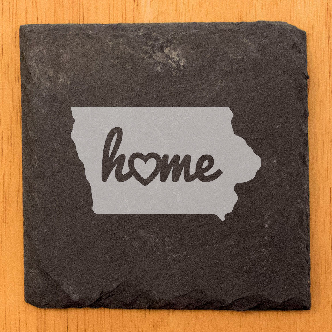 Rustic Slate Coasters Set of 4, Iowa 'Home' Design, 4" Round, Laser Etched, Natural Chipped Edge, Rubber Feet, , Perfect for Holidays, Birthdays, Housewarming, Made in Oregon, USA