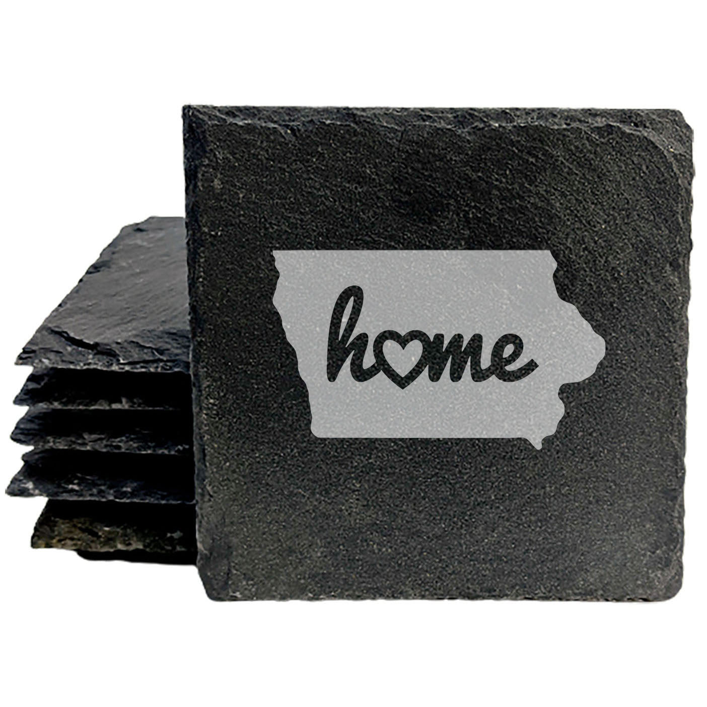 Rustic Slate Coasters Set of 4, Iowa 'Home' Design, 4" Round, Laser Etched, Natural Chipped Edge, Rubber Feet, , Perfect for Holidays, Birthdays, Housewarming, Made in Oregon, USA