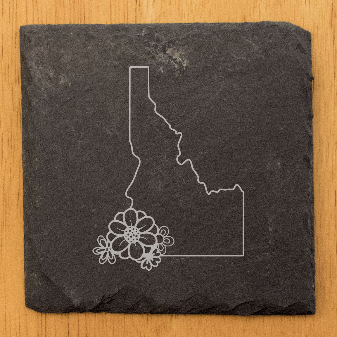 Rustic Slate Coasters Set of 4 - Laser Etched Idaho Design with Flower - Perfect Gift for Holidays, Birthdays, Housewarming - 4" Round/Square - Made in Oregon, USA - Natural Chipped Edge