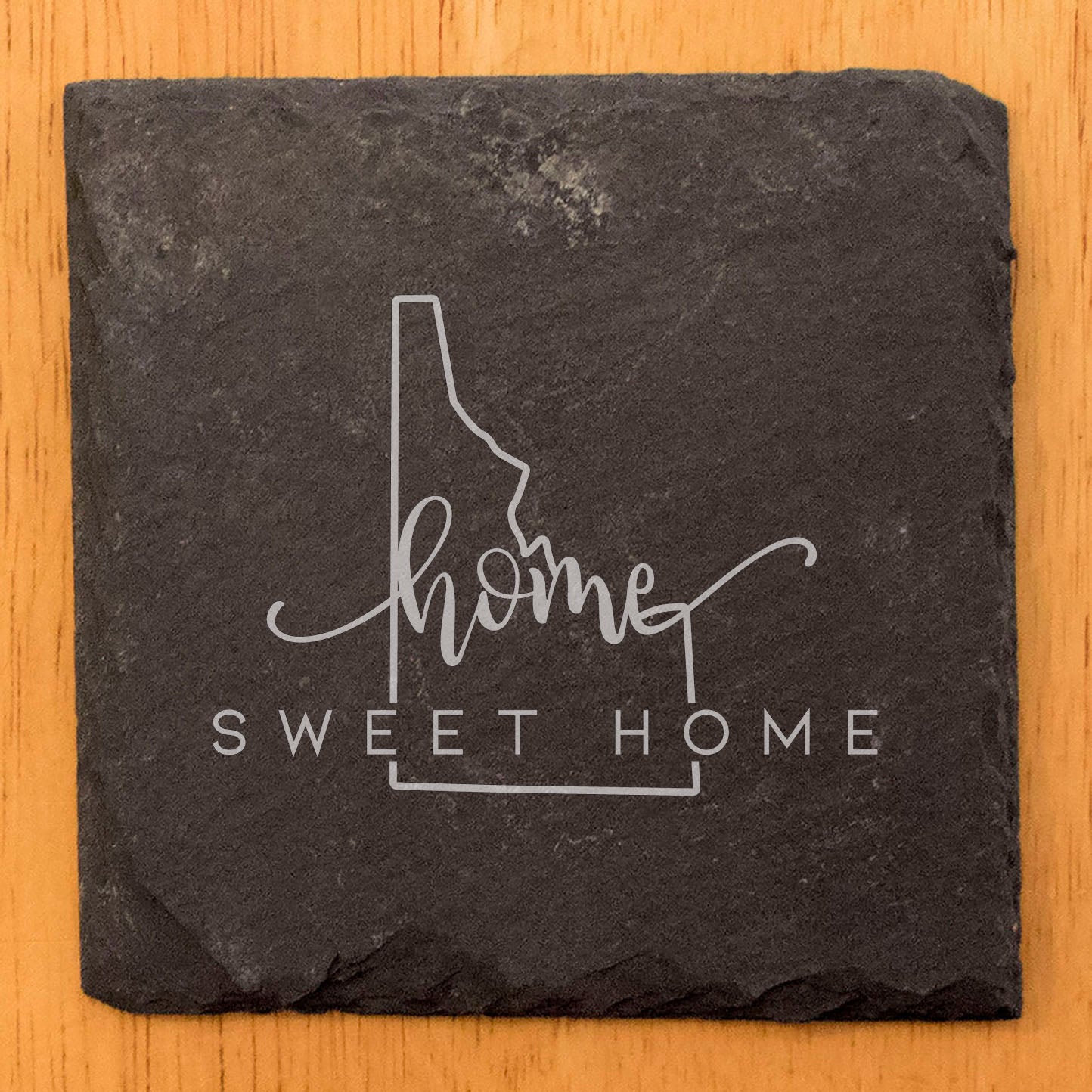 Rustic Slate Coasters Set of 4, Round 4" with 'Home Sweet Home' Idaho Design, Perfect Gift for Holidays, Birthdays, Housewarming, She-Shed, Man Cave, Made in Oregon, USA, Natural Chipped Edge