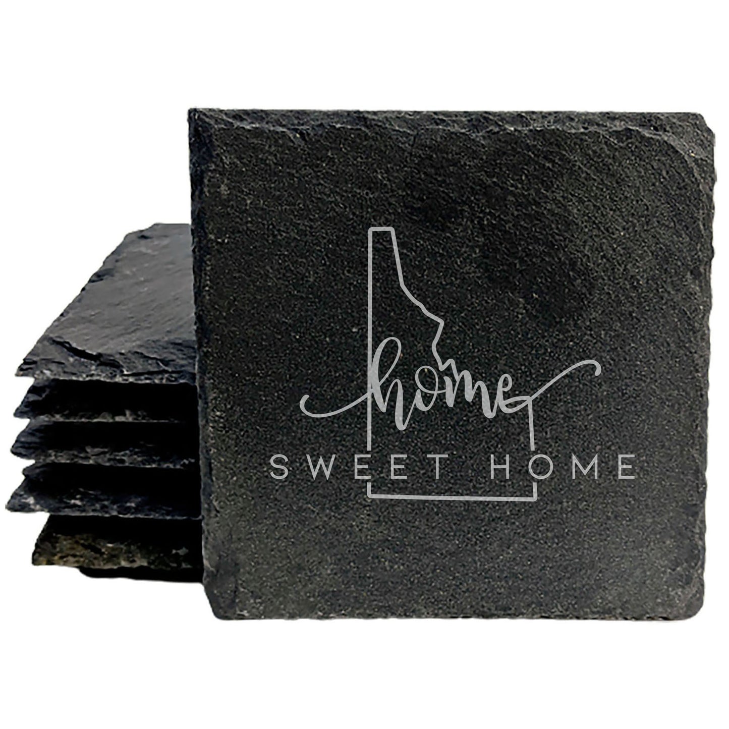 Rustic Slate Coasters Set of 4, Round 4" with 'Home Sweet Home' Idaho Design, Perfect Gift for Holidays, Birthdays, Housewarming, She-Shed, Man Cave, Made in Oregon, USA, Natural Chipped Edge