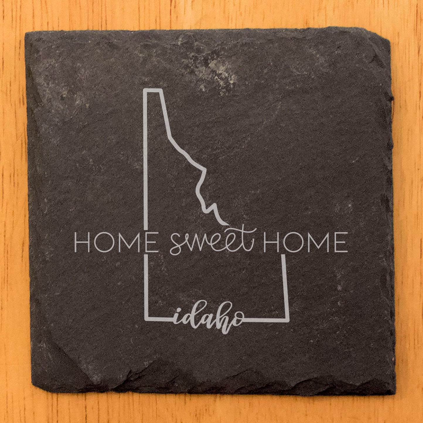 Rustic Slate Coasters Set of 4, Round 4" with 'Home Sweet Home' Idaho Design, Perfect Gift for Holidays, Birthdays, Housewarming, She-Shed, Man Cave, Made in Oregon, USA, Natural Chipped Edge