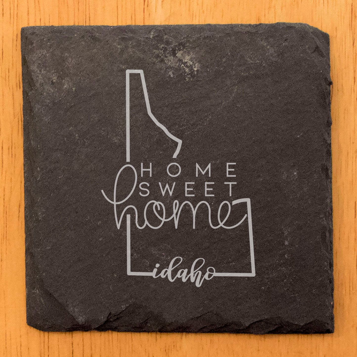 Rustic Slate Coasters Set of 4, Round 4" with Idaho 'Home Sweet Home' Design, Laser Etched, Perfect for Holidays, Birthdays, Housewarming, She-Shed, Man Cave, Made in Oregon, USA, Gift Boxed