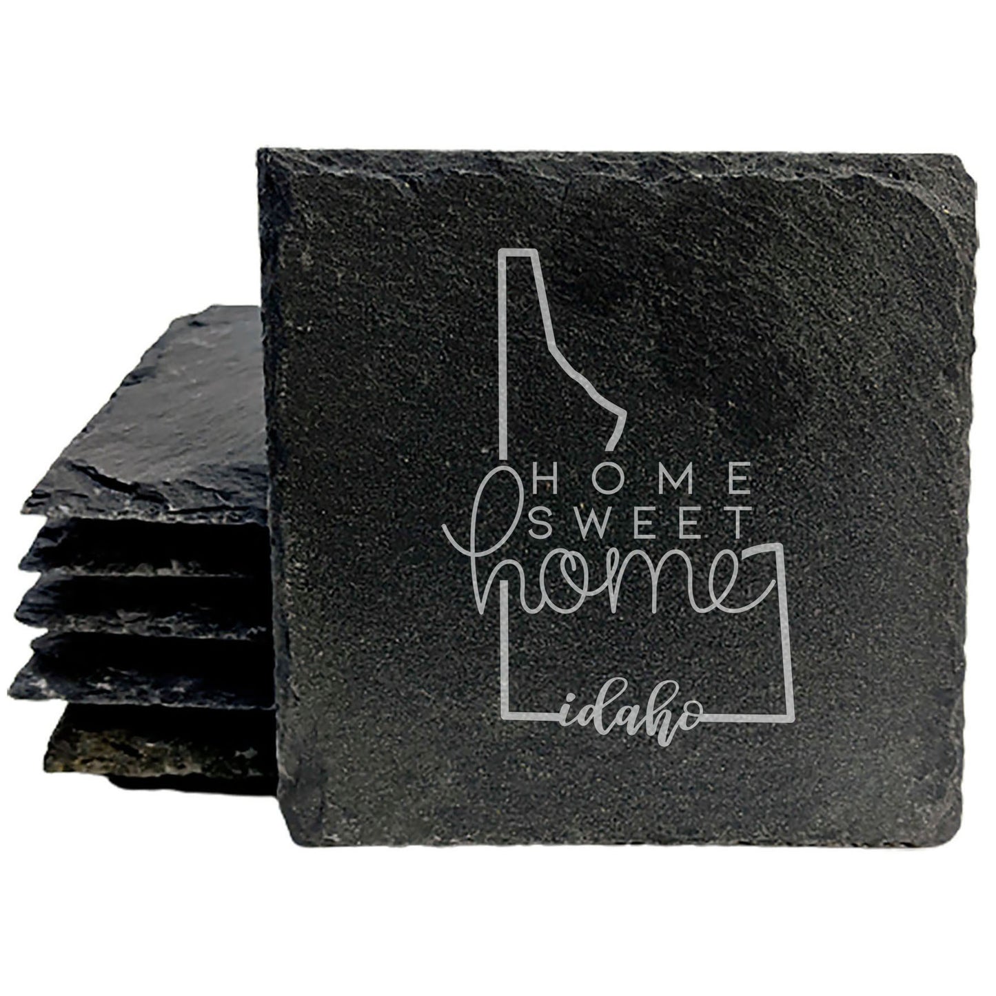Rustic Slate Coasters Set of 4, Round 4" with Idaho 'Home Sweet Home' Design, Laser Etched, Perfect for Holidays, Birthdays, Housewarming, She-Shed, Man Cave, Made in Oregon, USA, Gift Boxed