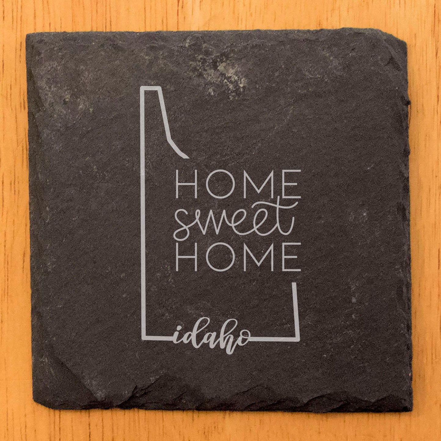 Rustic Slate Coasters Set of 4, Round 4" with Idaho 'Home Sweet Home' Design, Laser Etched, Perfect for Holidays, Birthdays, Housewarming Gifts, Made in Oregon, USA, Natural Chipped Edge, Rubber Feet