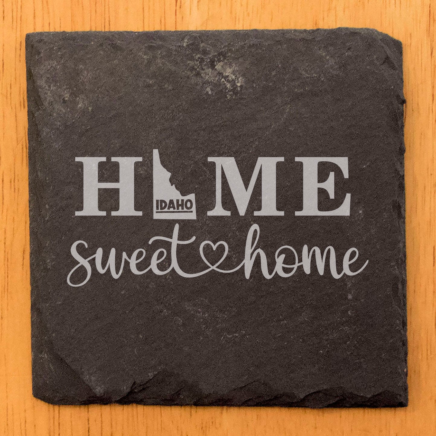 Rustic Slate Coasters Set of 4, Round 4" with 'HOME SWEET HOME' Idaho Design, Perfect Gift for Holidays, Birthdays, Housewarming, She-Shed, Man Cave, Made in Oregon, USA, Natural Chipped Edge
