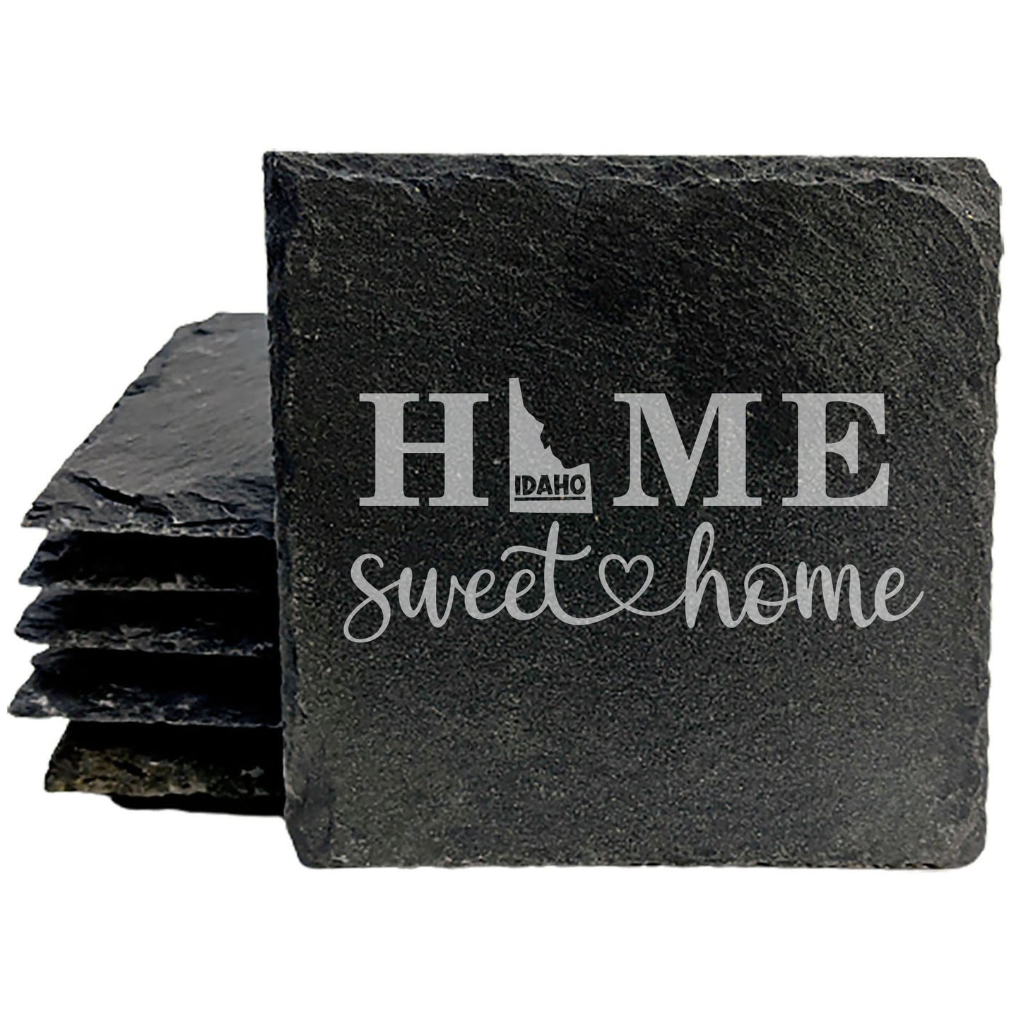 Rustic Slate Coasters Set of 4, Round 4" with 'HOME SWEET HOME' Idaho Design, Perfect Gift for Holidays, Birthdays, Housewarming, She-Shed, Man Cave, Made in Oregon, USA, Natural Chipped Edge