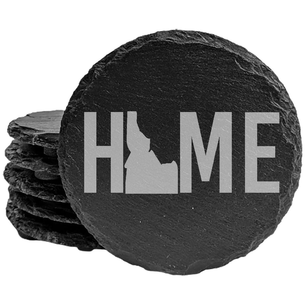 Rustic Slate Coasters Set of 4 - Laser Etched 'HOME' Design with Idaho State - Perfect Gift for Holidays, Birthdays, Housewarming - 4" Round, Natural Chipped Edge, Rubber Feet - Made in USA