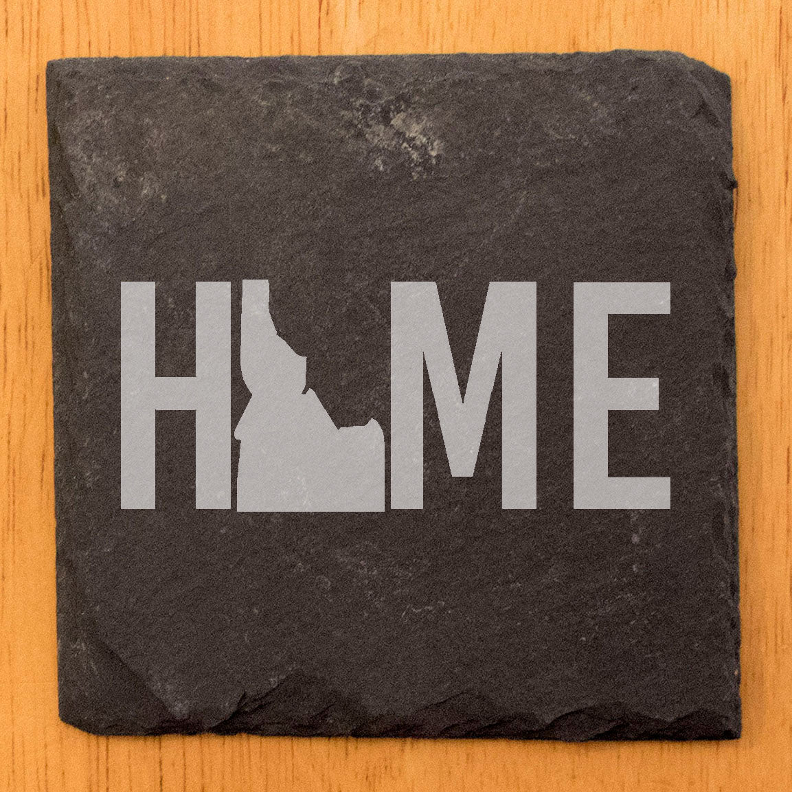 Rustic Slate Coasters Set of 4 - Laser Etched 'HOME' Design with Idaho State - Perfect Gift for Holidays, Birthdays, Housewarming - 4" Round, Natural Chipped Edge, Rubber Feet - Made in USA