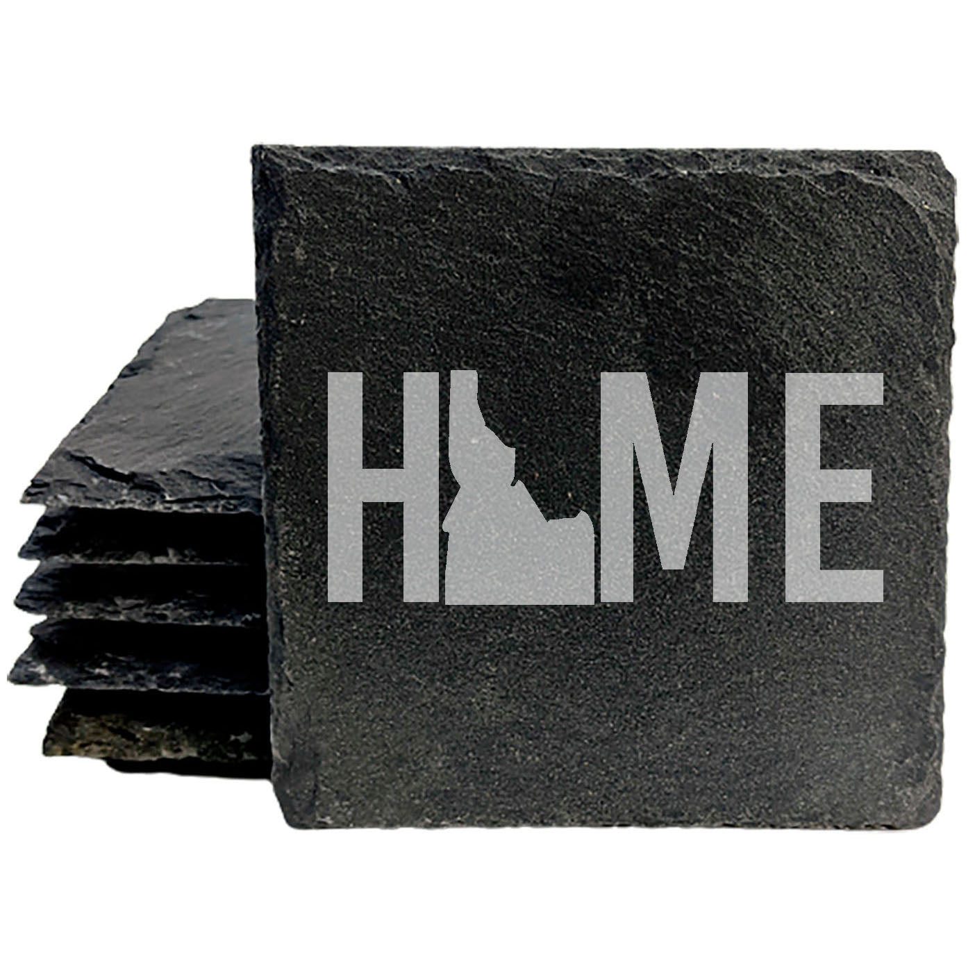 Rustic Slate Coasters Set of 4 - Laser Etched 'HOME' Design with Idaho State - Perfect Gift for Holidays, Birthdays, Housewarming - 4" Round, Natural Chipped Edge, Rubber Feet - Made in USA