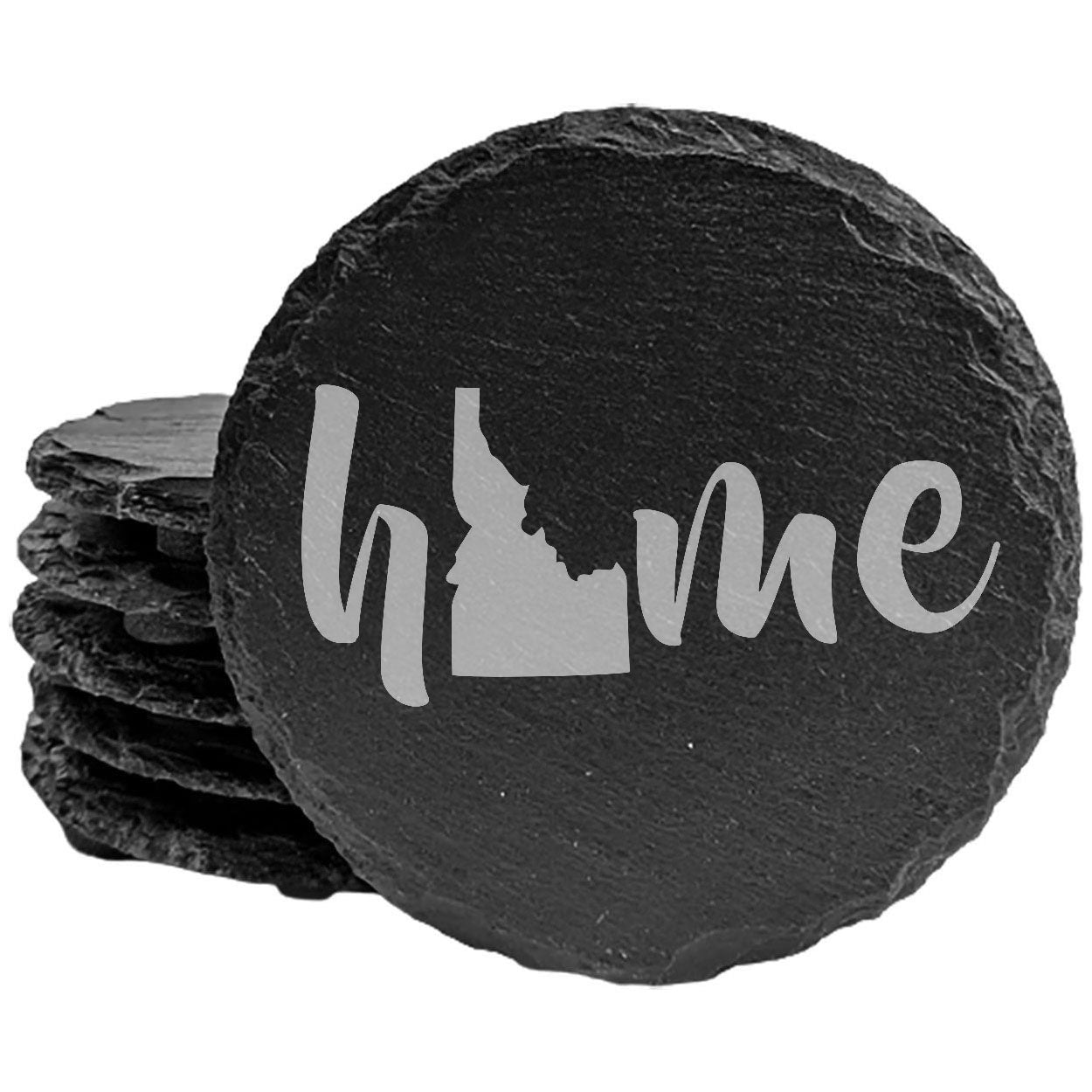 Rustic Slate Coasters Set of 4 - Laser Etched 'Home' Design with Idaho State - Perfect Gift for Holidays, Birthdays, Housewarming - 4" Round/Square - Made in Oregon, USA - Natural Chipped Edge