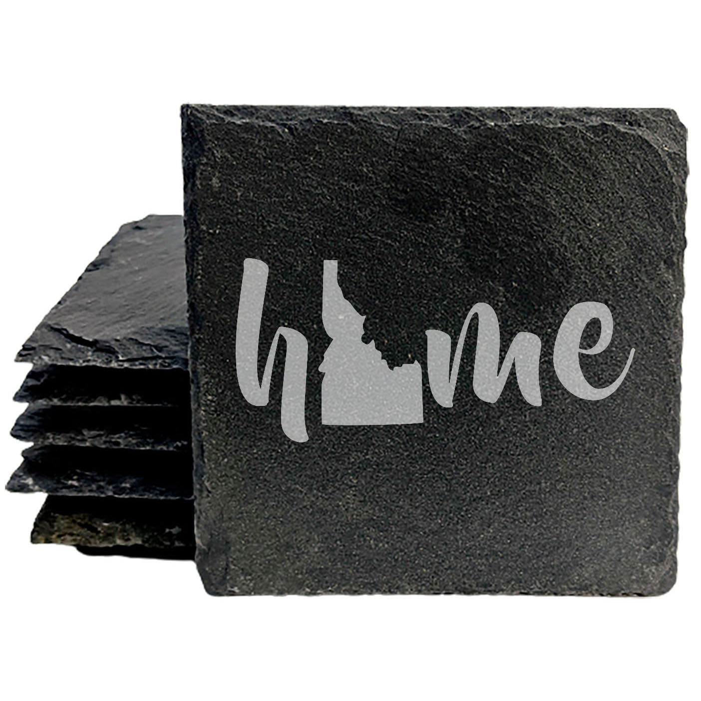 Rustic Slate Coasters Set of 4 - Laser Etched 'Home' Design with Idaho State - Perfect Gift for Holidays, Birthdays, Housewarming - 4" Round/Square - Made in Oregon, USA - Natural Chipped Edge