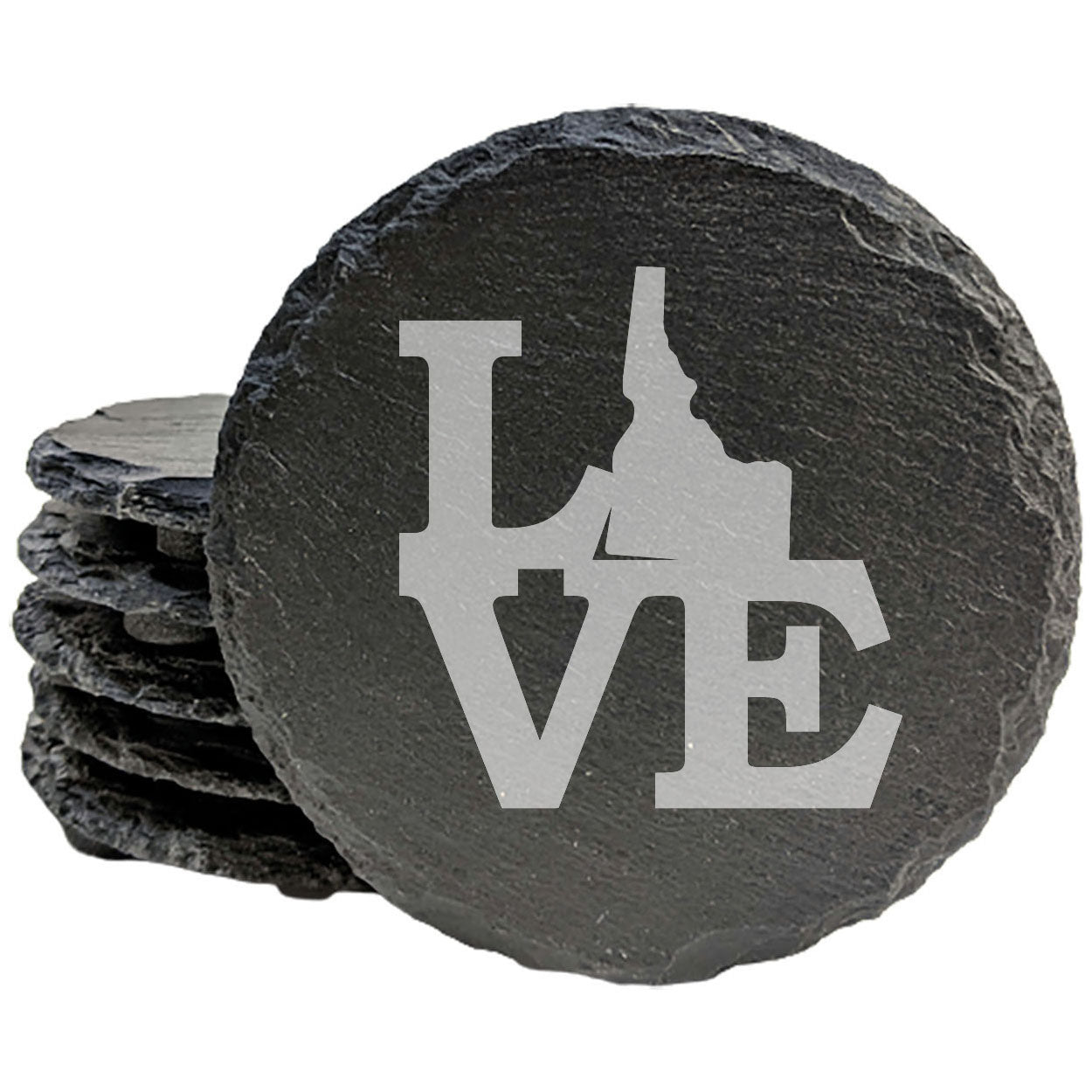 Rustic Slate Coasters Set of 4, Laser Etched 'LOVE' Idaho Design, 4" Round, Natural Chipped Edge, Rubber Feet, Perfect Gift for Holidays, Birthdays, Housewarming, Made in Oregon, USA
