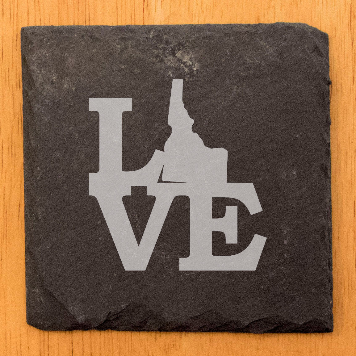 Rustic Slate Coasters Set of 4, Laser Etched 'LOVE' Idaho Design, 4" Round, Natural Chipped Edge, Rubber Feet, Perfect Gift for Holidays, Birthdays, Housewarming, Made in Oregon, USA