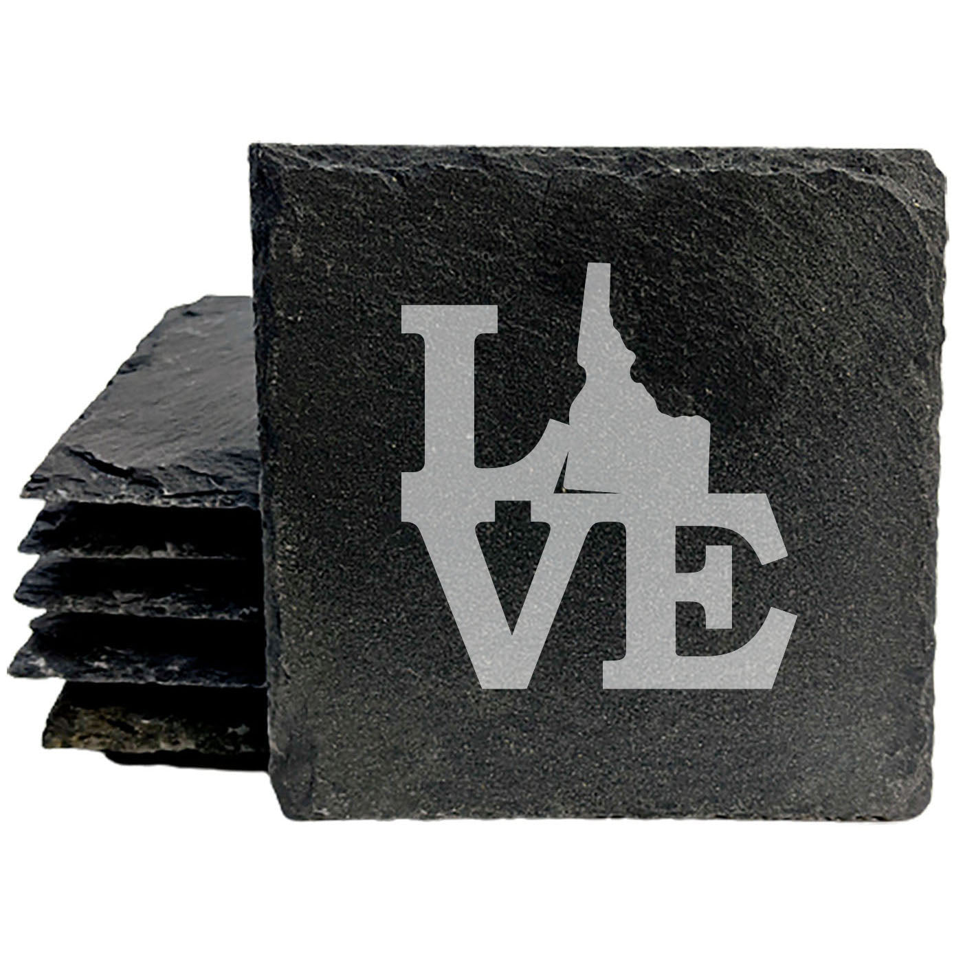 Rustic Slate Coasters Set of 4, Laser Etched 'LOVE' Idaho Design, 4" Round, Natural Chipped Edge, Rubber Feet, Perfect Gift for Holidays, Birthdays, Housewarming, Made in Oregon, USA