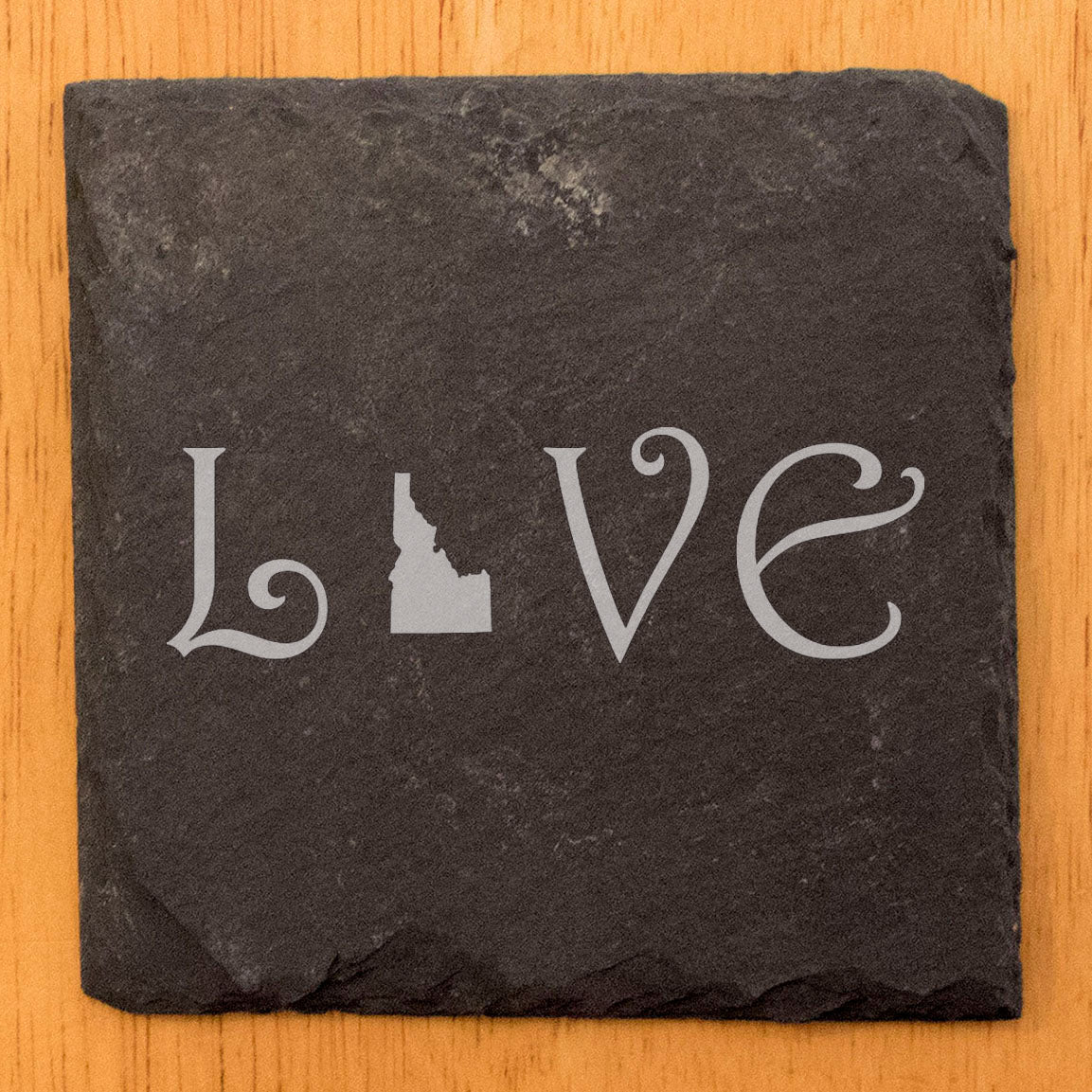 Rustic Slate Coasters Set of 4 - Laser Etched 'LOVE' Design with Idaho Shape - Perfect Gift for Holidays, Birthdays, Housewarming - 4" Square, Natural Chipped Edge, Made in Oregon, USA