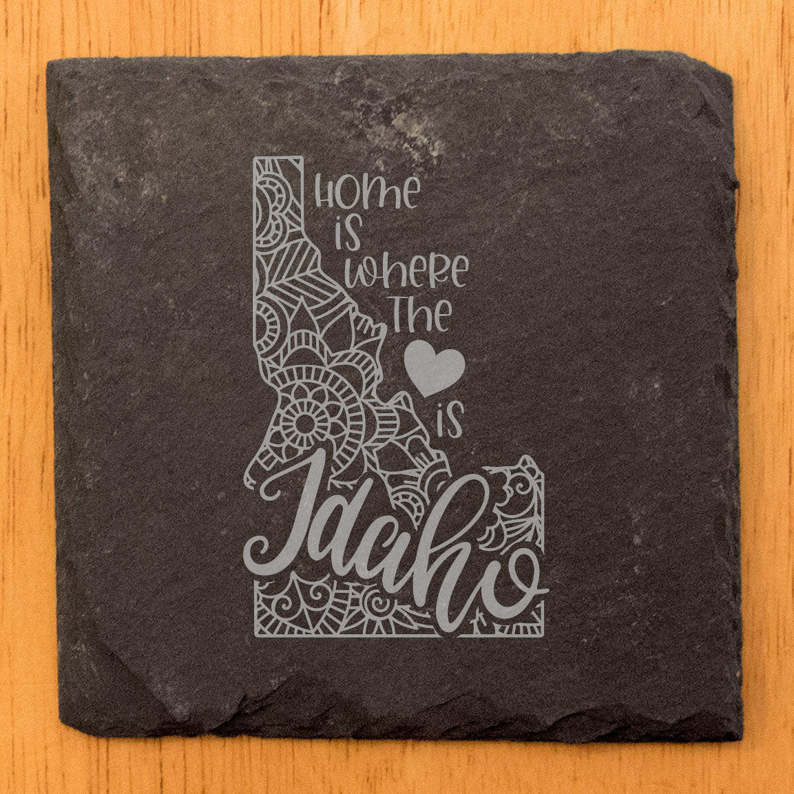 Rustic Slate Coasters Set of 4, Round 4" with Idaho Mandala Design, 'Home is Where the Heart Is' Quote, Perfect Gift for Holidays, Birthdays, Housewarming, Made in Oregon, USA, Natural Edge
