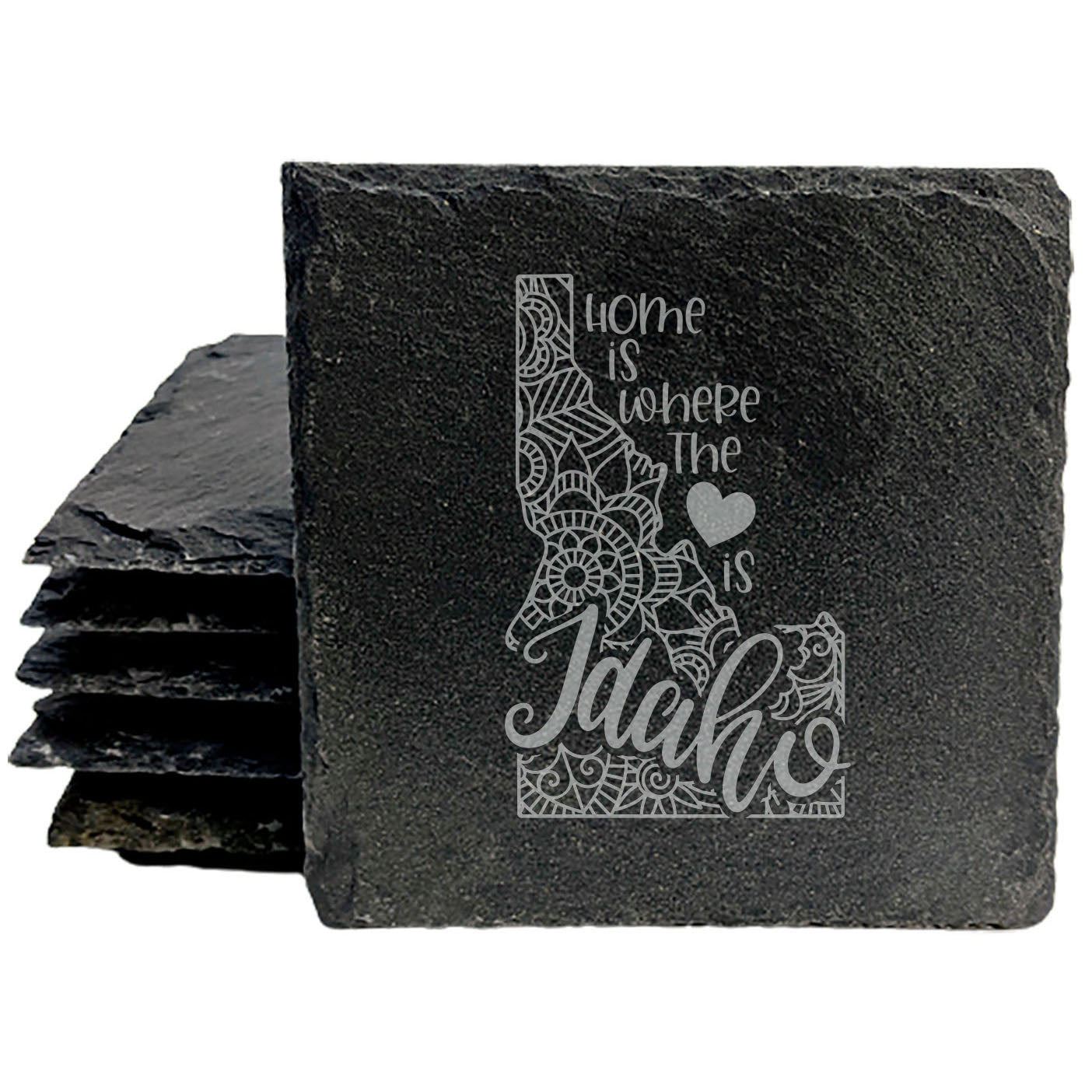 Rustic Slate Coasters Set of 4, Round 4" with Idaho Mandala Design, 'Home is Where the Heart Is' Quote, Perfect Gift for Holidays, Birthdays, Housewarming, Made in Oregon, USA, Natural Edge
