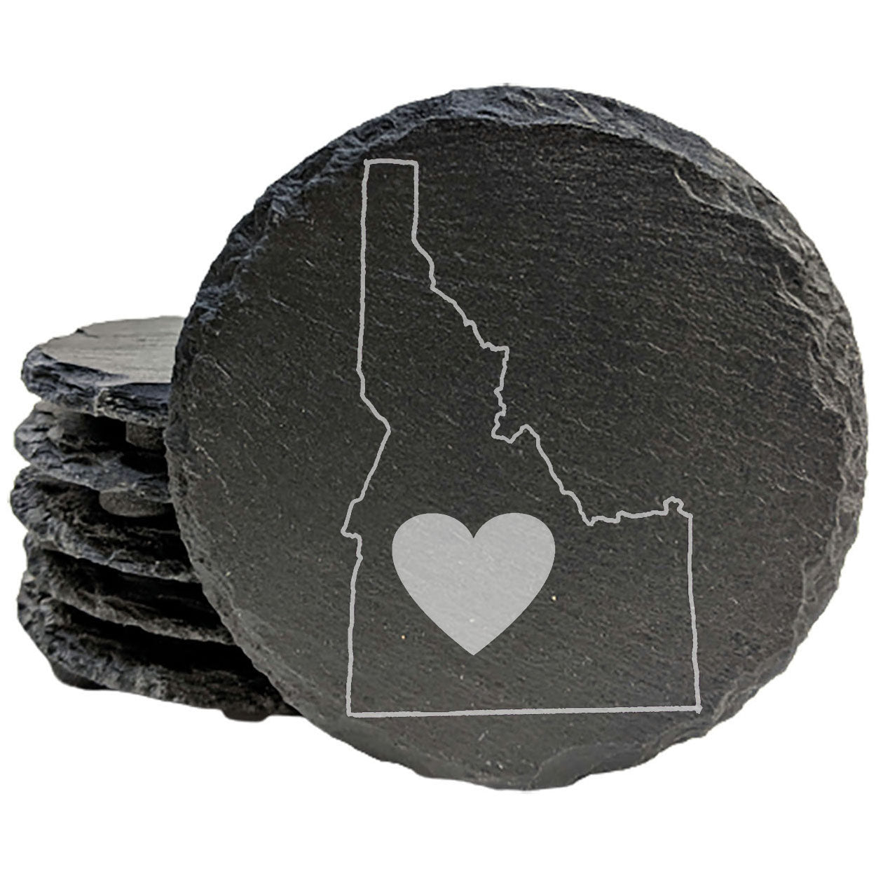 Rustic Slate Coasters Set of 4 - Idaho Heart Design, 4" Round, Natural Chipped Edge, Rubber Feet, - Perfect for Holidays, Birthdays, Housewarming - Made in Oregon, USA