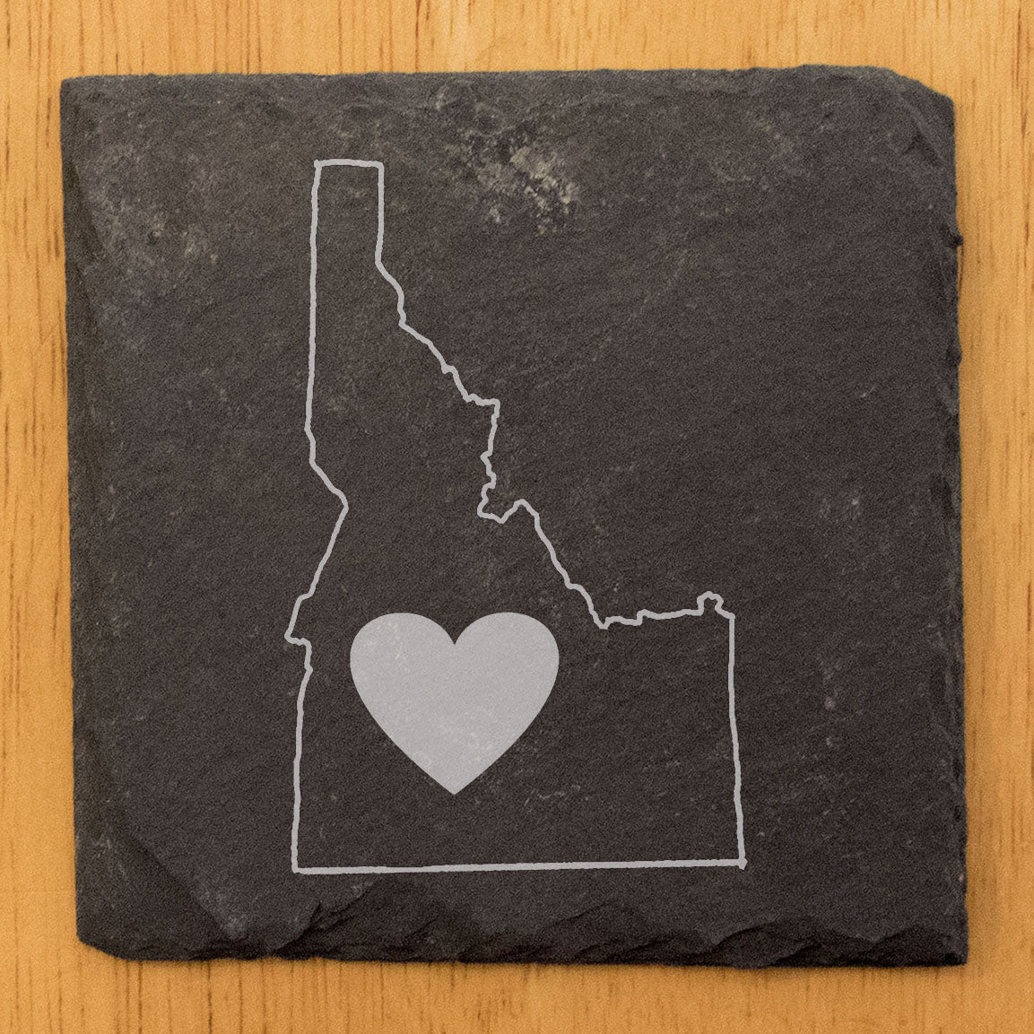 Rustic Slate Coasters Set of 4 - Idaho Heart Design, 4" Round, Natural Chipped Edge, Rubber Feet, - Perfect for Holidays, Birthdays, Housewarming - Made in Oregon, USA